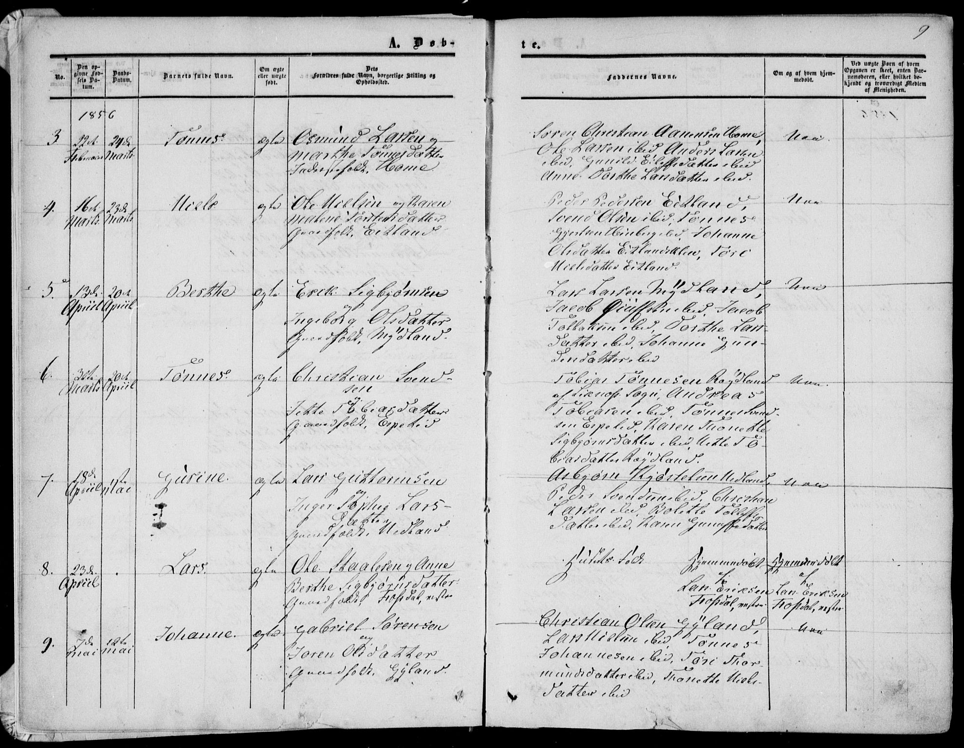 Bakke sokneprestkontor, AV/SAK-1111-0002/F/Fa/Fab/L0002: Parish register (official) no. A 2, 1855-1884, p. 9
