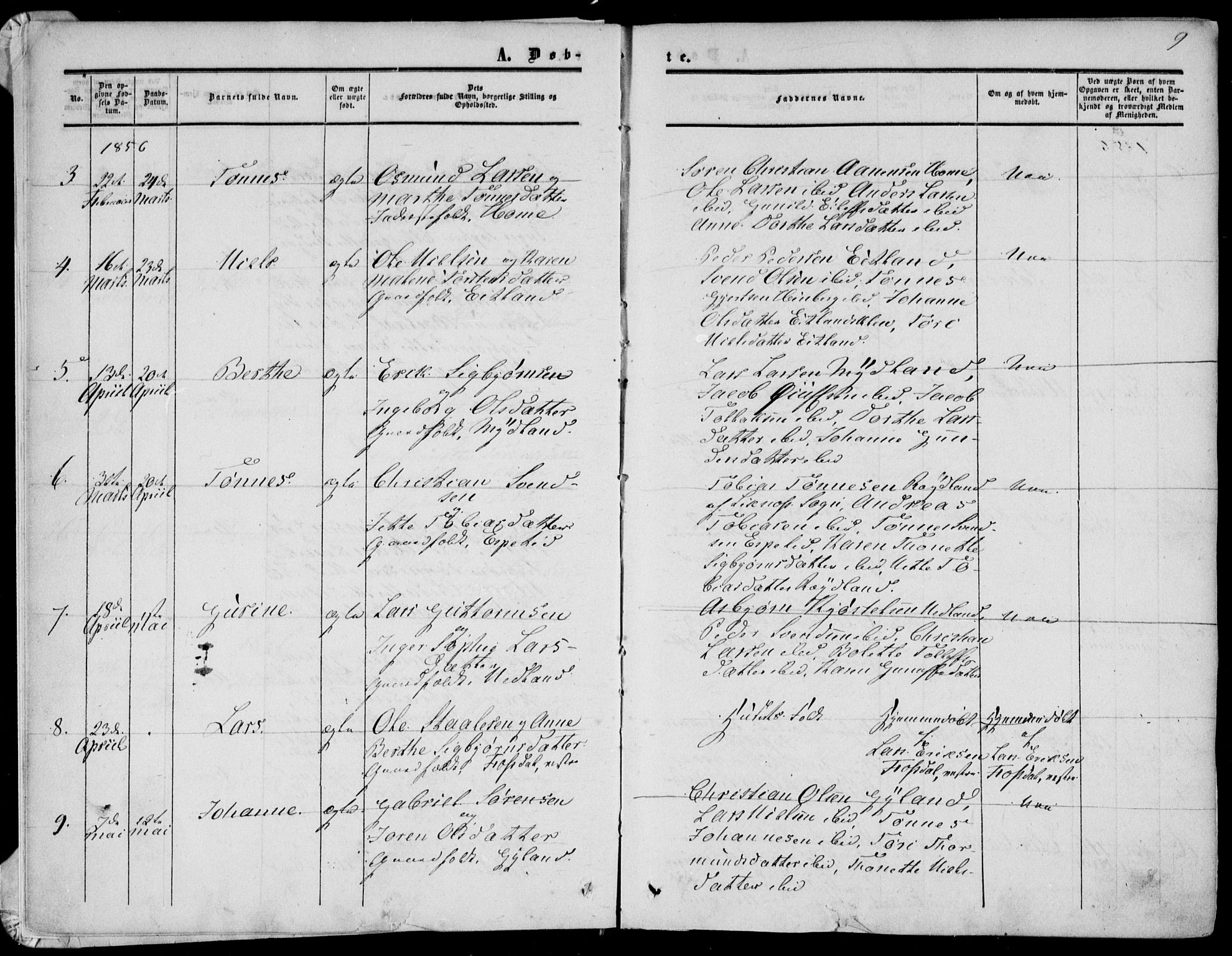 Bakke sokneprestkontor, AV/SAK-1111-0002/F/Fa/Fab/L0002: Parish register (official) no. A 2, 1855-1884, p. 9