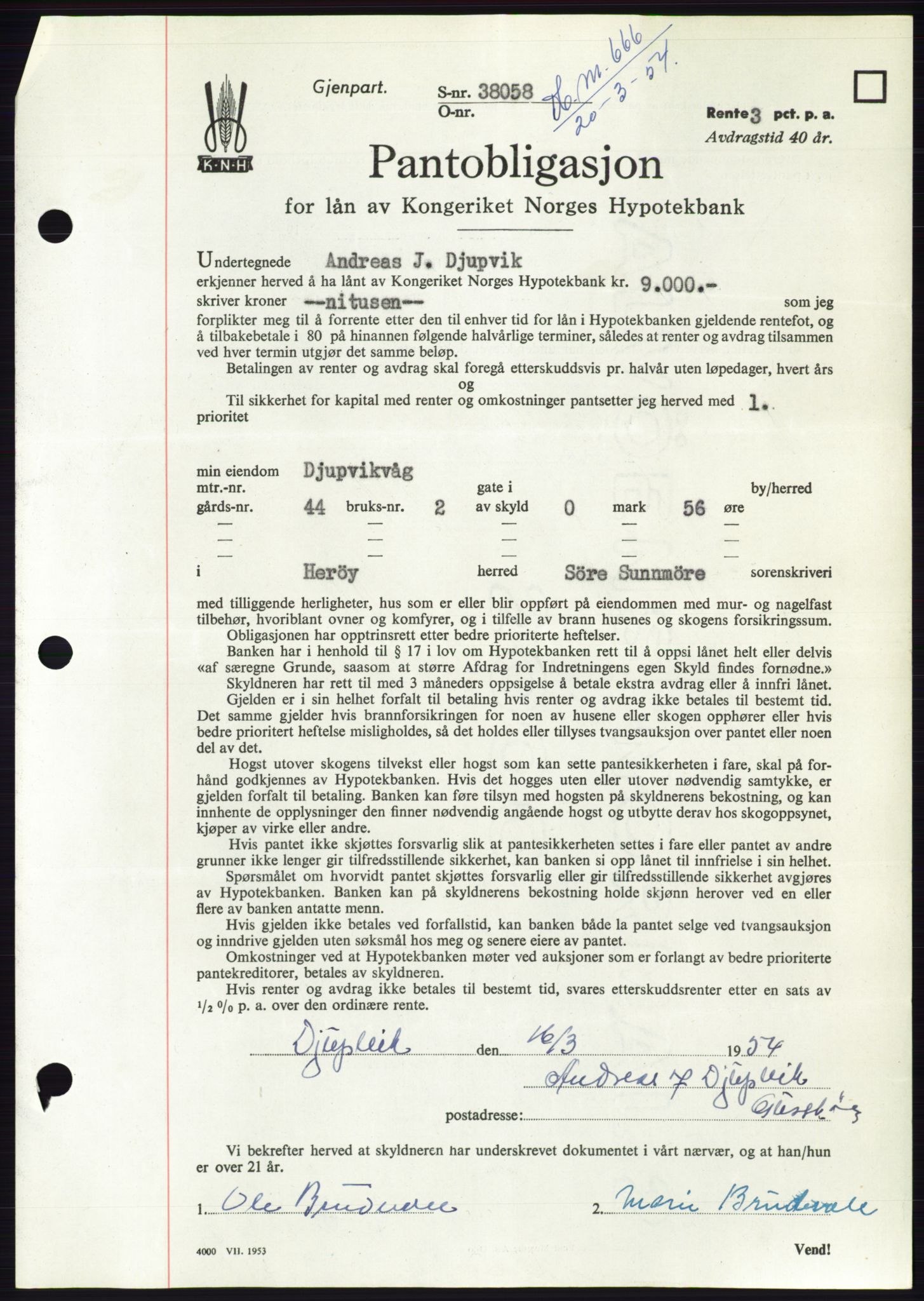 Søre Sunnmøre sorenskriveri, AV/SAT-A-4122/1/2/2C/L0124: Mortgage book no. 12B, 1953-1954, Diary no: : 666/1954