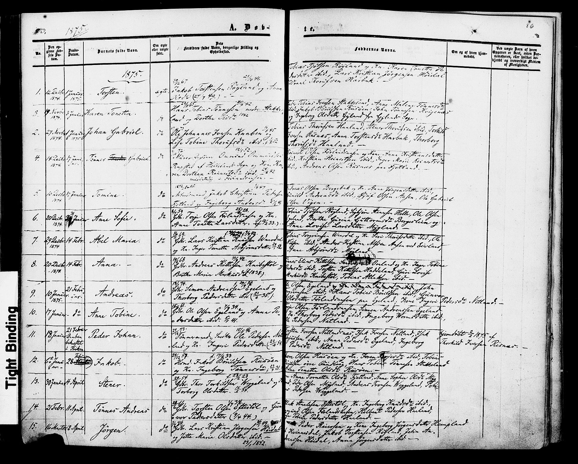 Fjotland sokneprestkontor, AV/SAK-1111-0010/F/Fa/L0001: Parish register (official) no. A 1, 1850-1879, p. 86