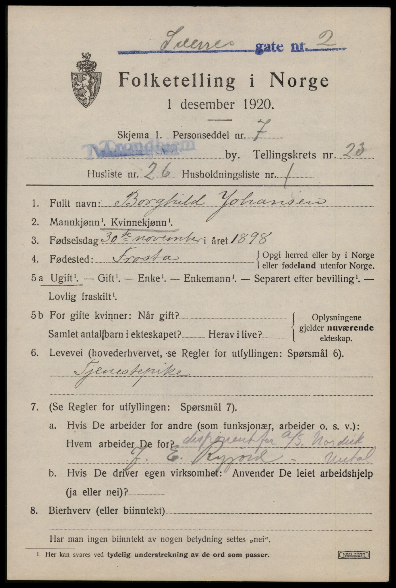 SAT, 1920 census for Trondheim, 1920, p. 65104