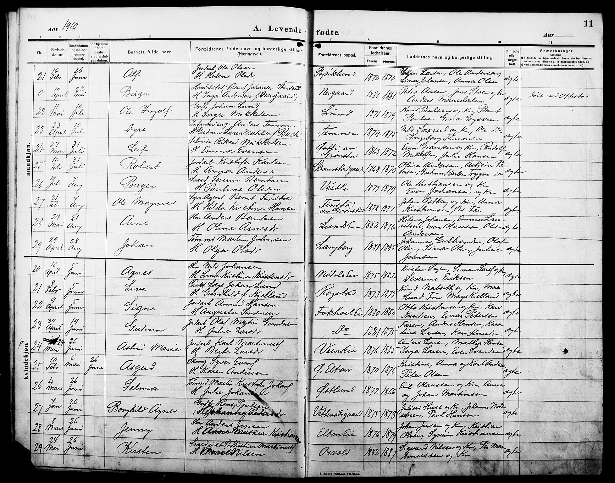 Stange prestekontor, AV/SAH-PREST-002/L/L0014: Parish register (copy) no. 14, 1909-1917, p. 11