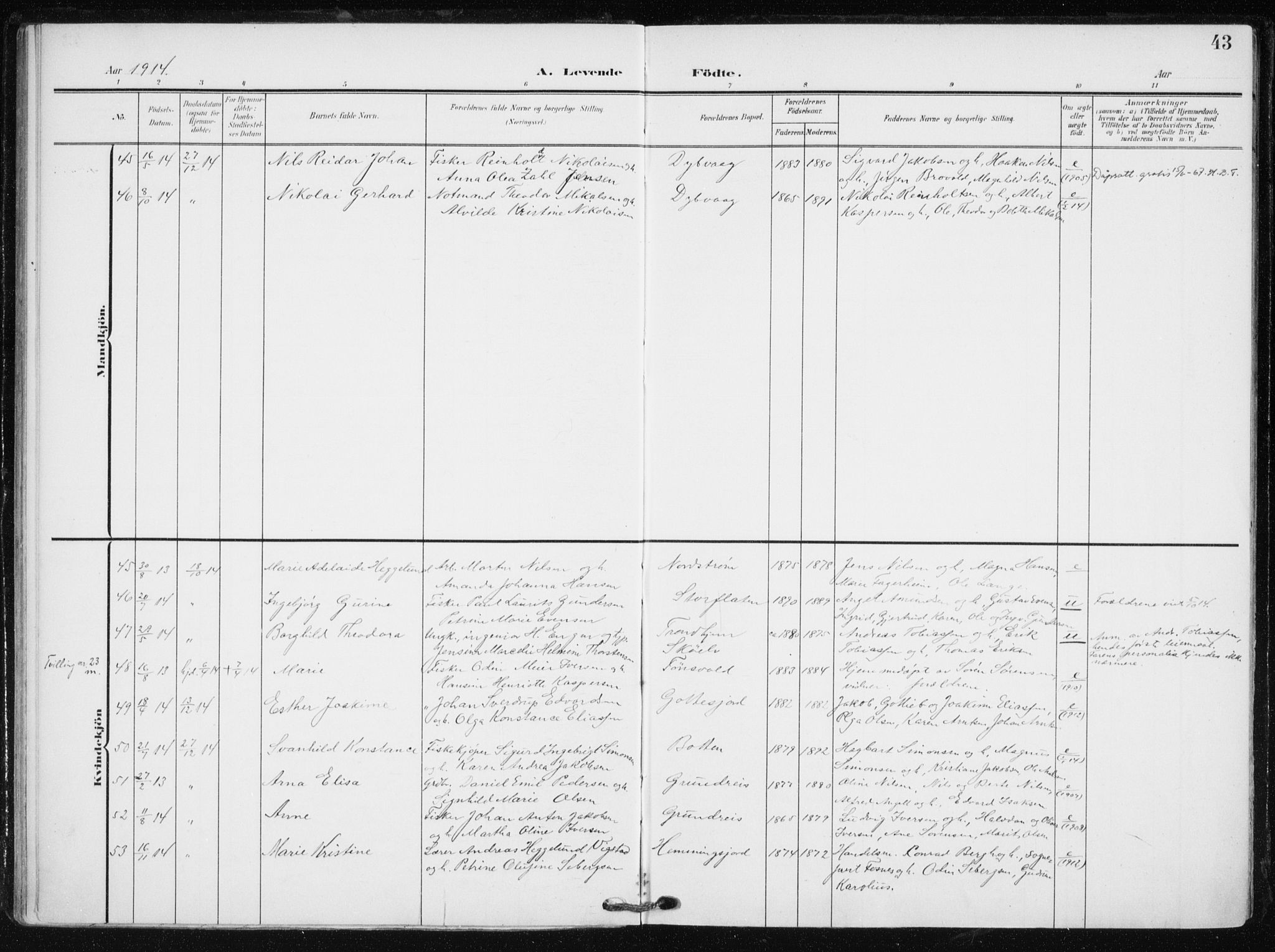 Tranøy sokneprestkontor, SATØ/S-1313/I/Ia/Iaa/L0012kirke: Parish register (official) no. 12, 1905-1918, p. 43