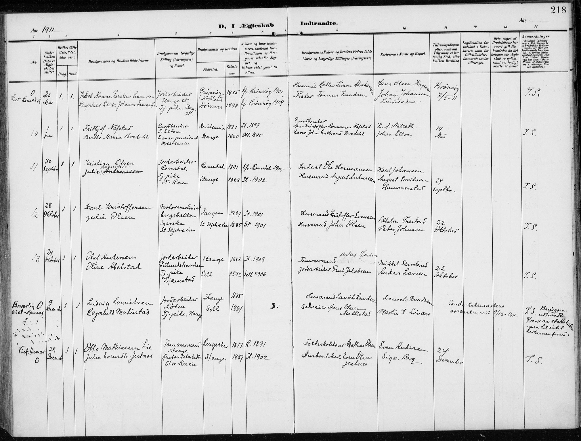 Stange prestekontor, AV/SAH-PREST-002/K/L0024: Parish register (official) no. 24, 1906-1922, p. 218