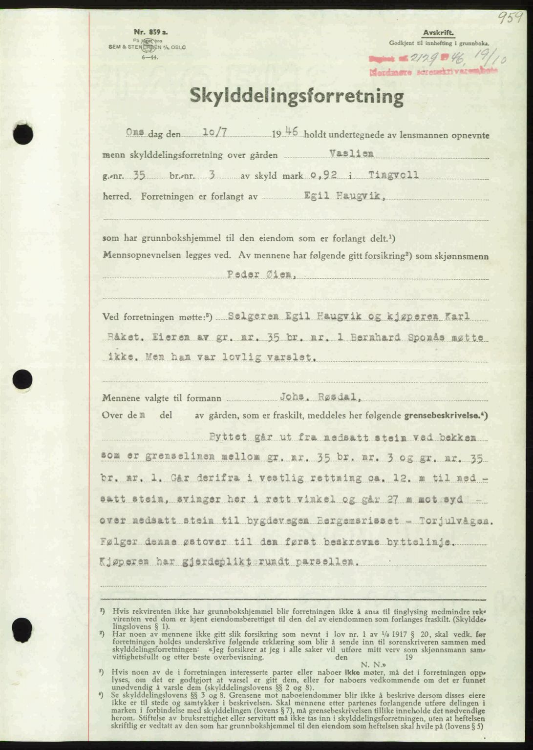 Nordmøre sorenskriveri, AV/SAT-A-4132/1/2/2Ca: Mortgage book no. A102, 1946-1946, Diary no: : 2129/1946