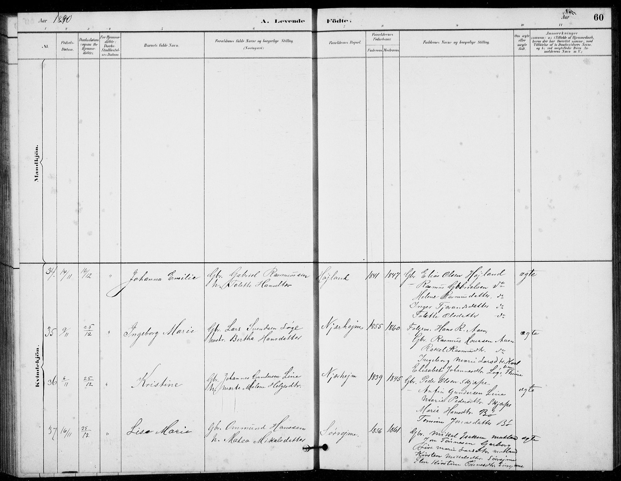 Hå sokneprestkontor, AV/SAST-A-101801/001/30BB/L0003: Parish register (copy) no. B 3, 1883-1894, p. 60