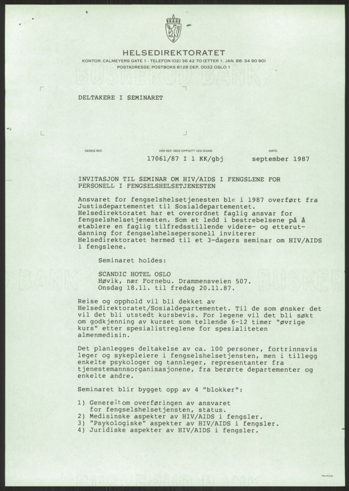 Sosialdepartementet, Administrasjons-, trygde-, plan- og helseavdelingen, RA/S-6179/D/L2240/0004: -- / 619 Diverse. HIV/AIDS, 1987, p. 461