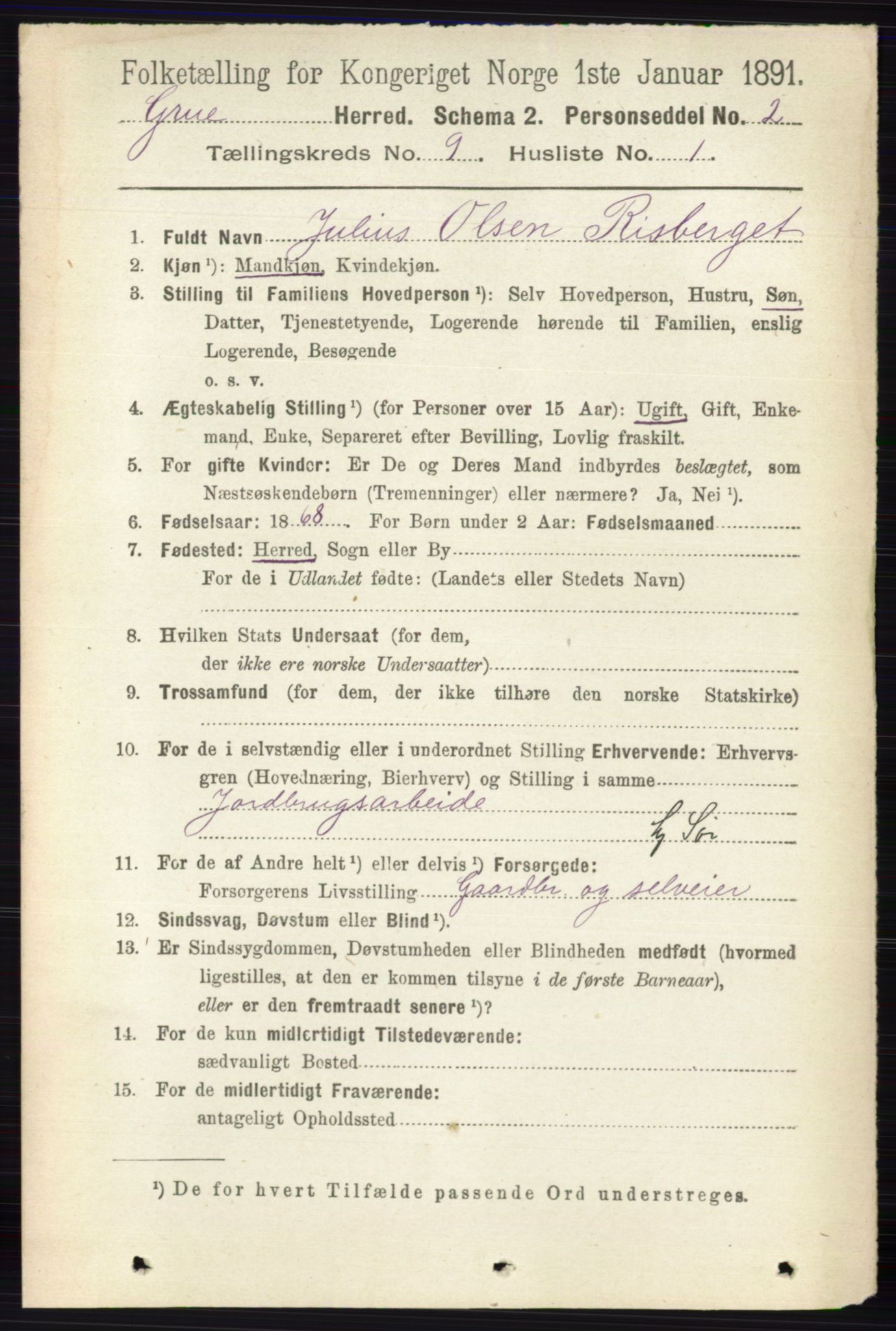 RA, 1891 census for 0423 Grue, 1891, p. 4882