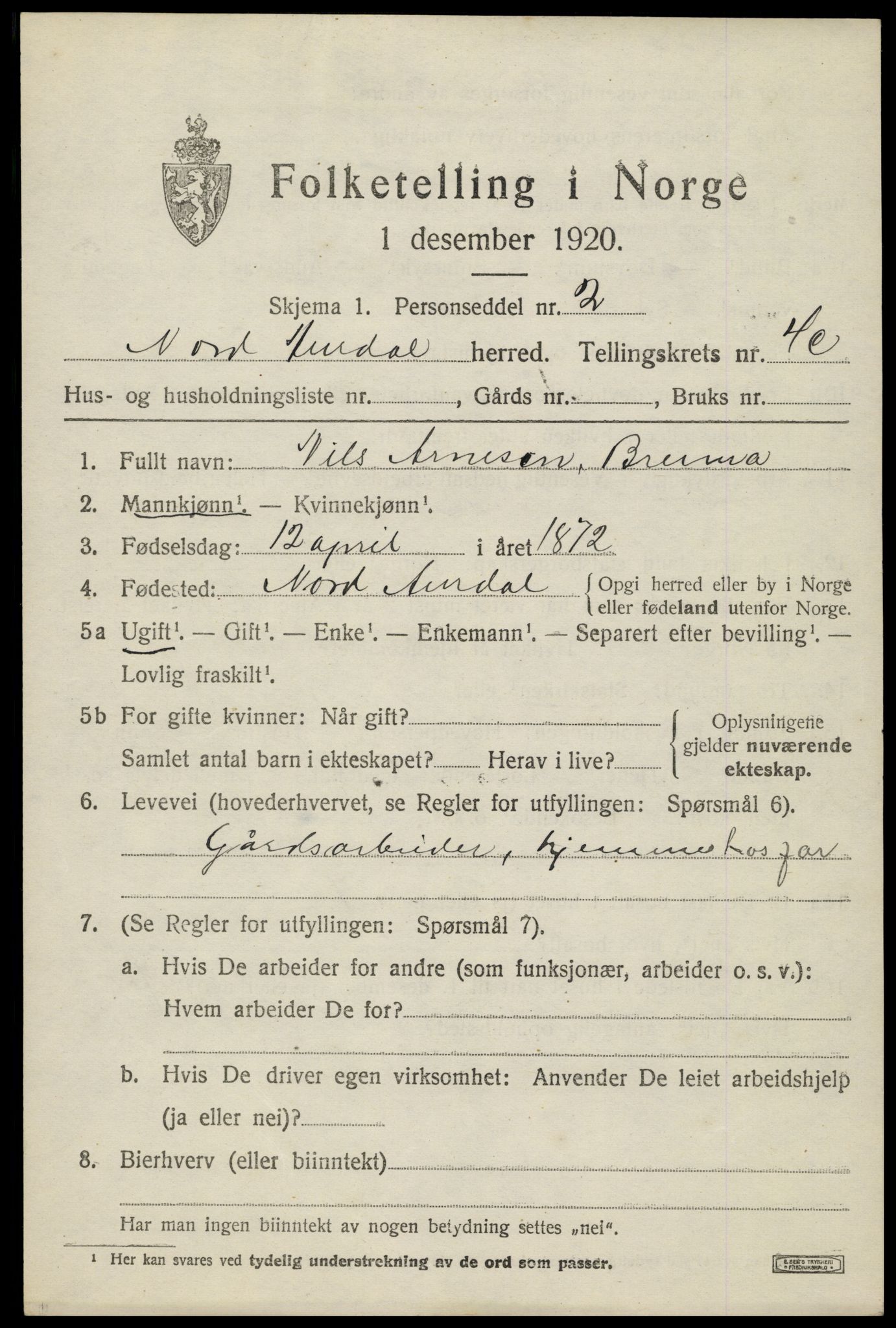 SAH, 1920 census for Nord-Aurdal, 1920, p. 3638