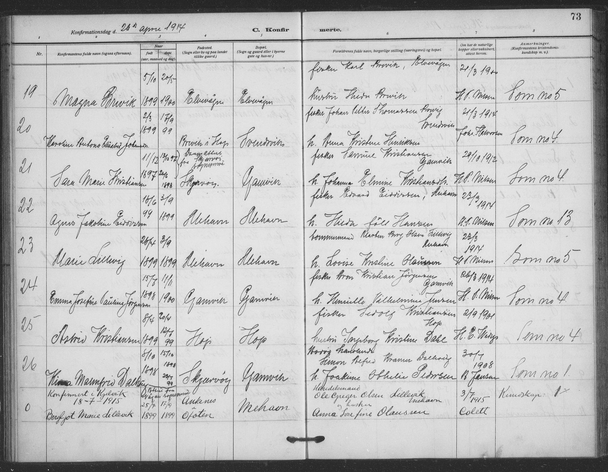 Tana sokneprestkontor, SATØ/S-1334/H/Ha/L0008kirke: Parish register (official) no. 8, 1908-1920, p. 73