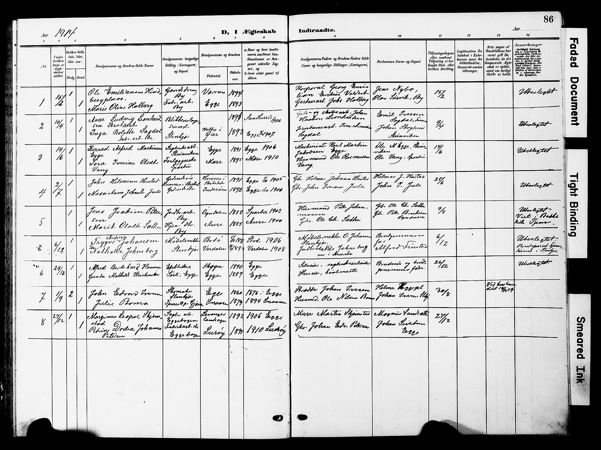 Ministerialprotokoller, klokkerbøker og fødselsregistre - Nord-Trøndelag, SAT/A-1458/740/L0381: Parish register (copy) no. 740C02, 1903-1914, p. 86