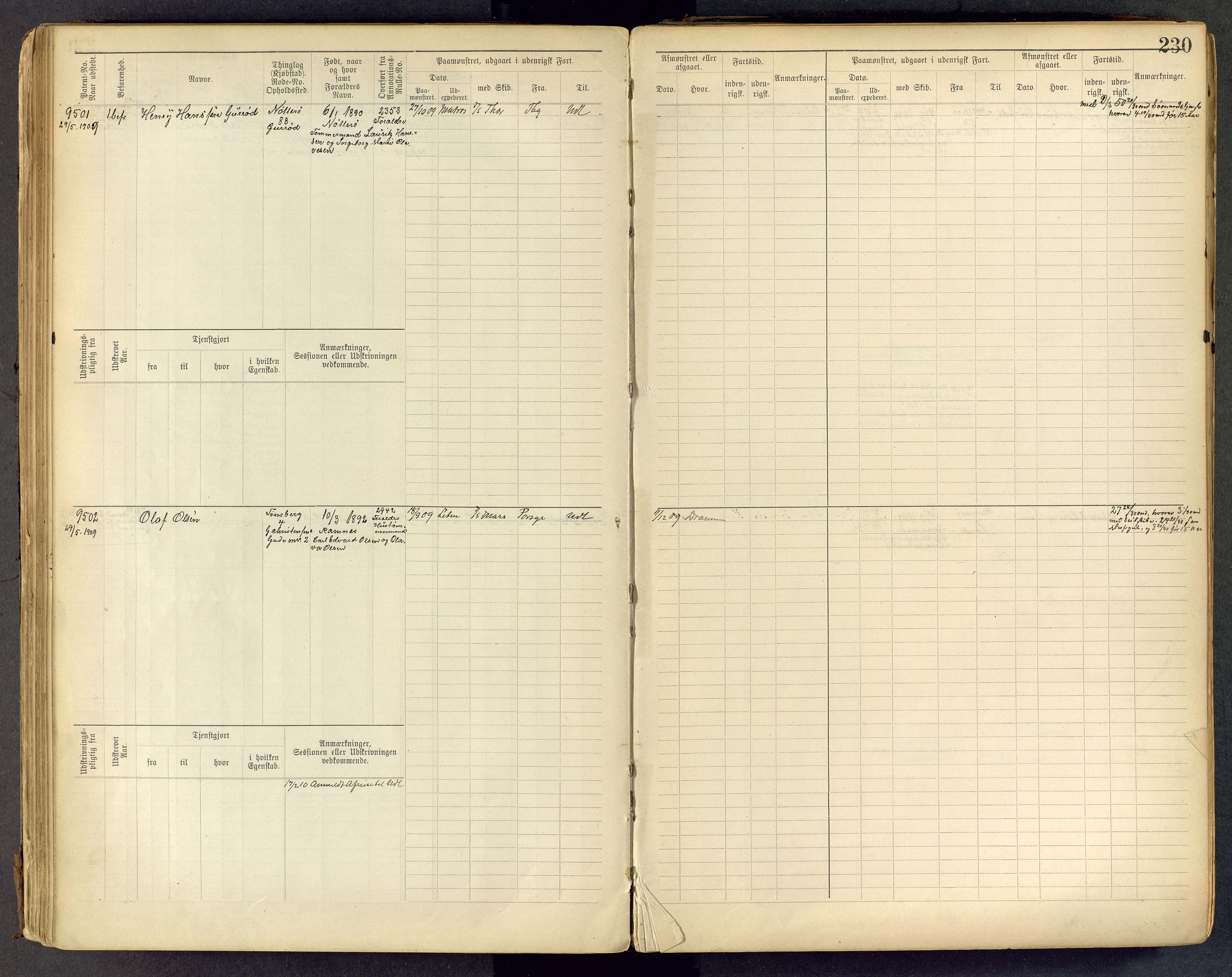 Tønsberg innrulleringskontor, AV/SAKO-A-786/F/Fc/Fcb/L0009: Hovedrulle Patent nr. 9043-9992, 1900-1921, p. 230