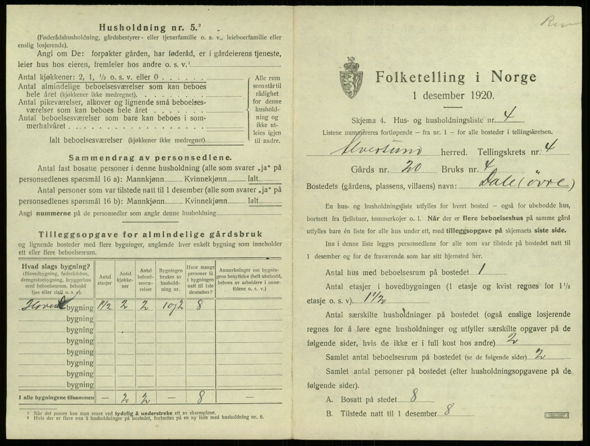 SAB, 1920 census for Alversund, 1920, p. 283