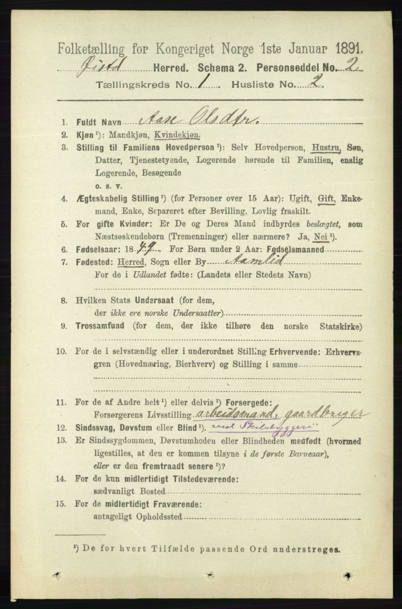 RA, 1891 census for 0920 Øyestad, 1891, p. 75