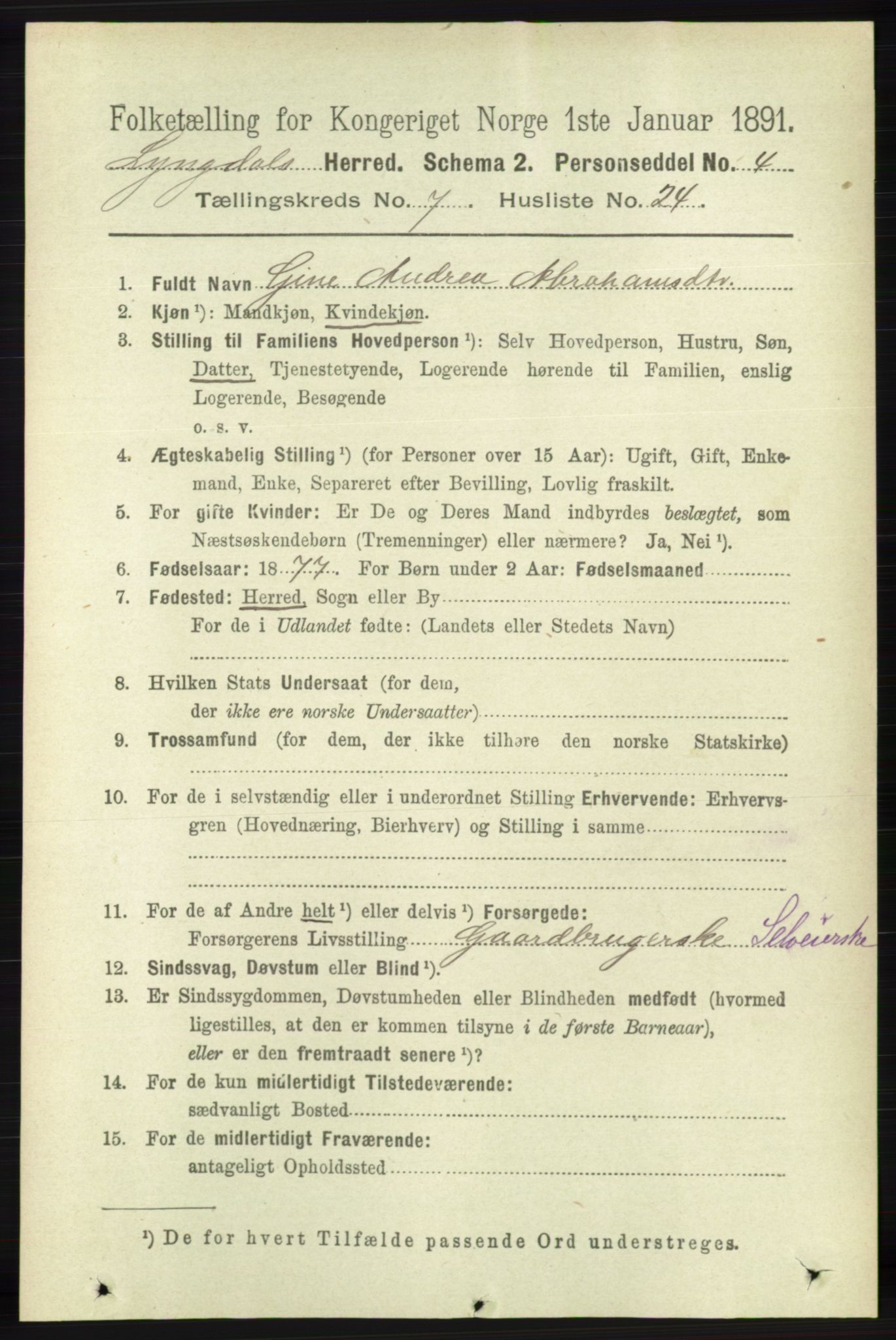 RA, 1891 census for 1032 Lyngdal, 1891, p. 3049