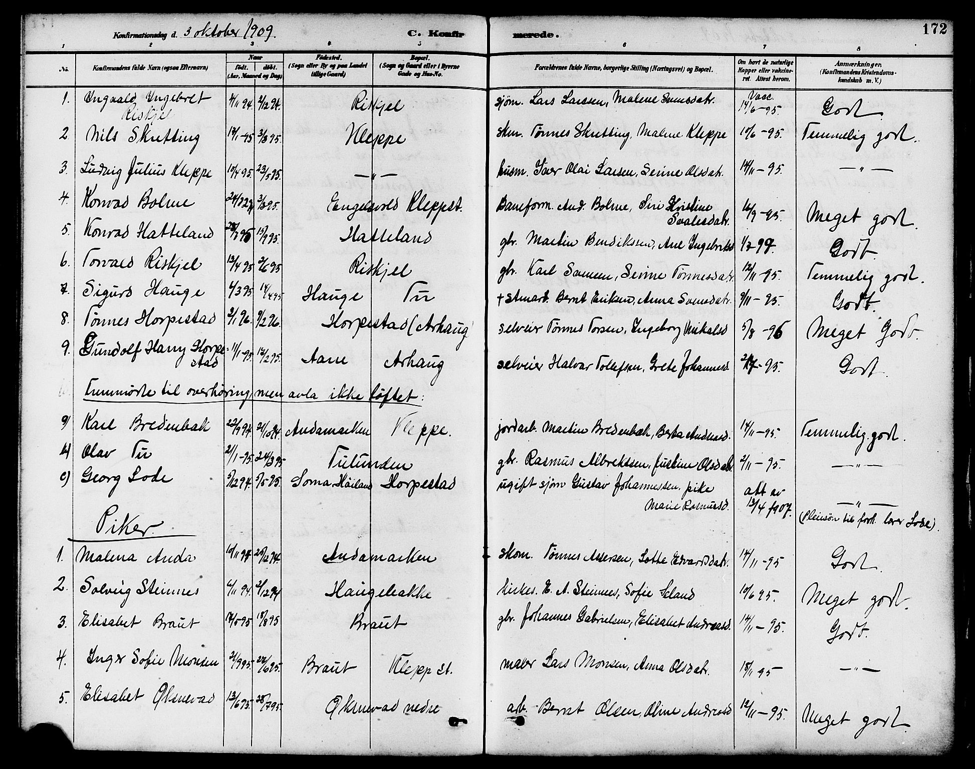 Klepp sokneprestkontor, SAST/A-101803/001/3/30BB/L0004: Parish register (copy) no. B 4, 1889-1914, p. 172