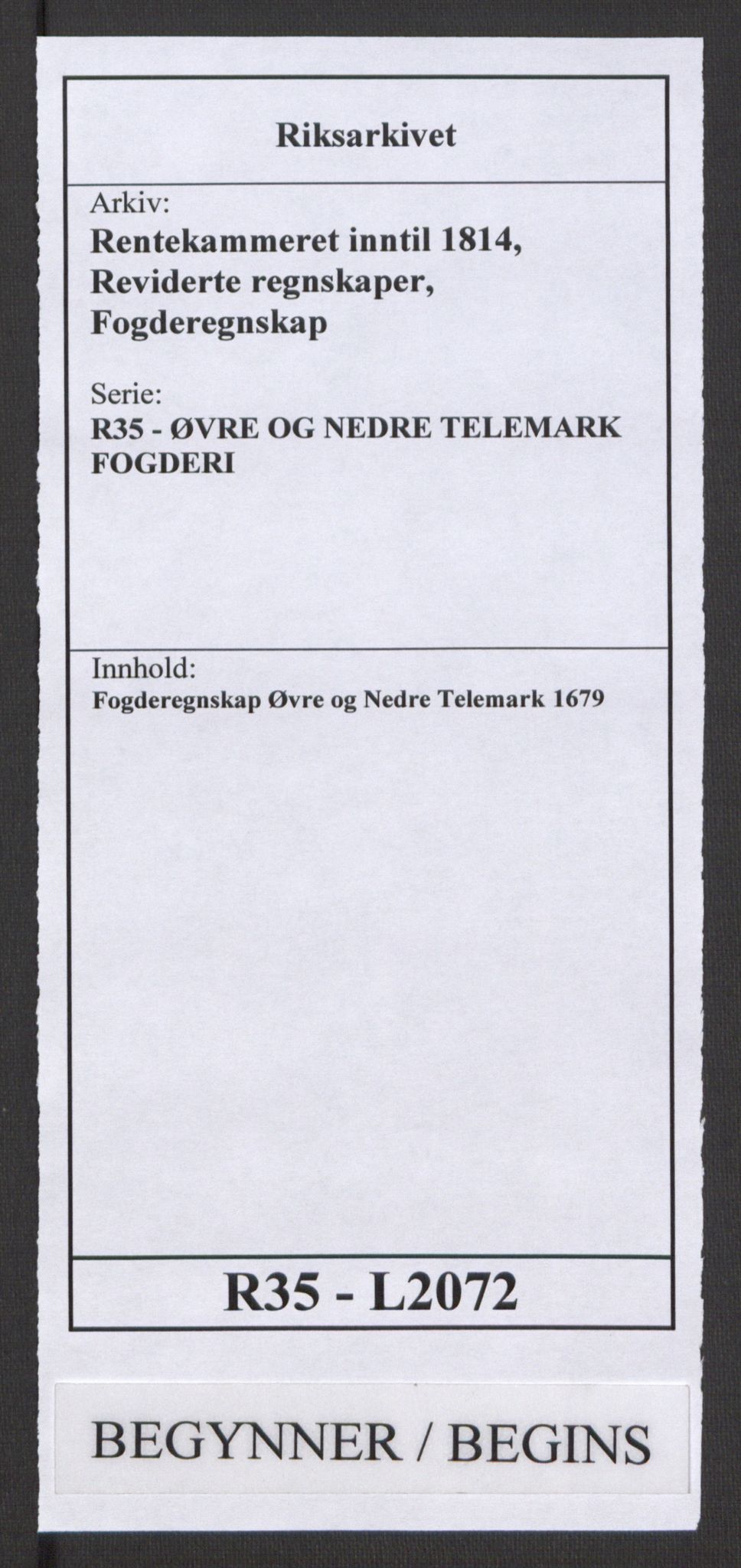 Rentekammeret inntil 1814, Reviderte regnskaper, Fogderegnskap, RA/EA-4092/R35/L2072: Fogderegnskap Øvre og Nedre Telemark, 1679, p. 1