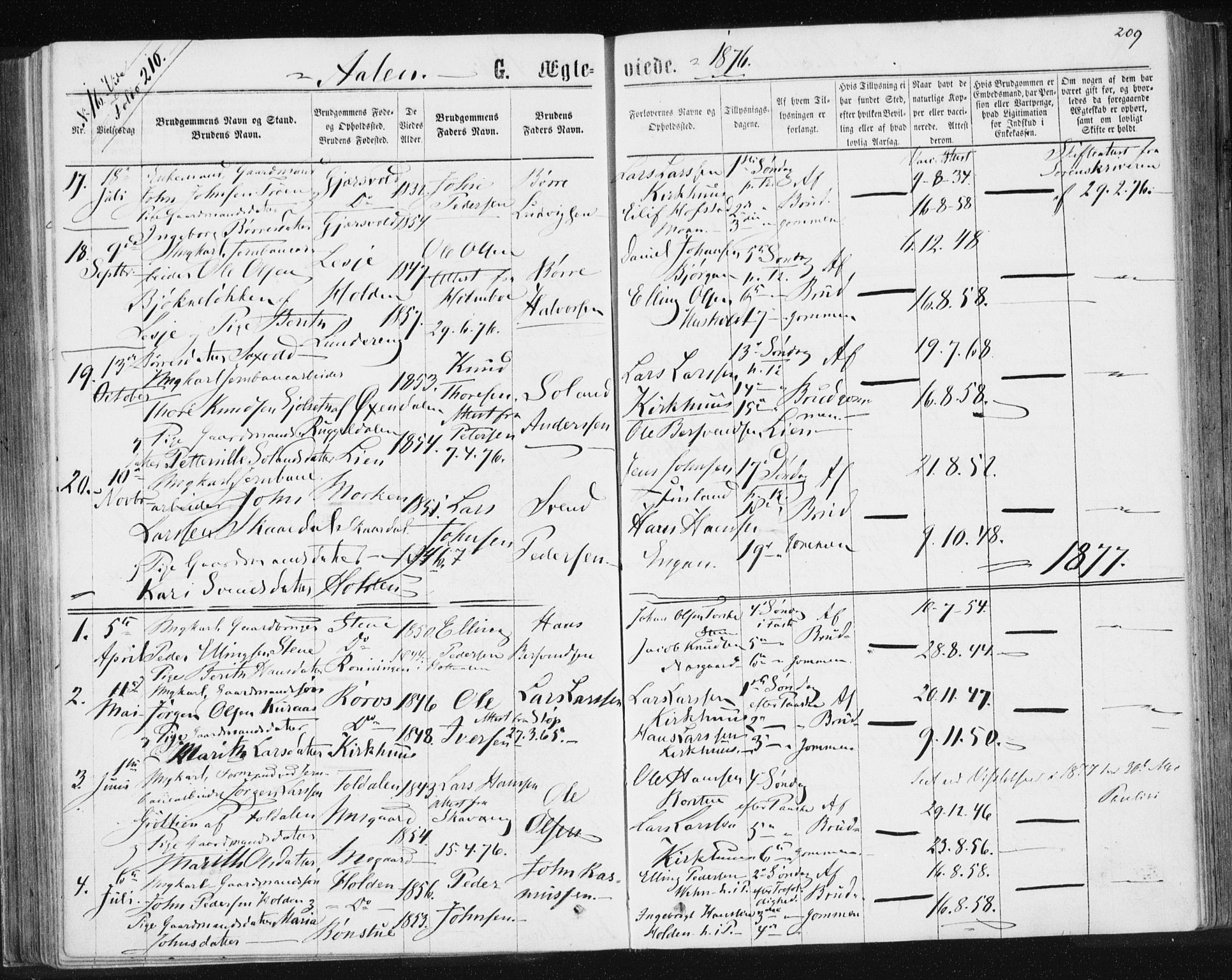 Ministerialprotokoller, klokkerbøker og fødselsregistre - Sør-Trøndelag, SAT/A-1456/685/L0971: Parish register (official) no. 685A08 /3, 1870-1879, p. 209