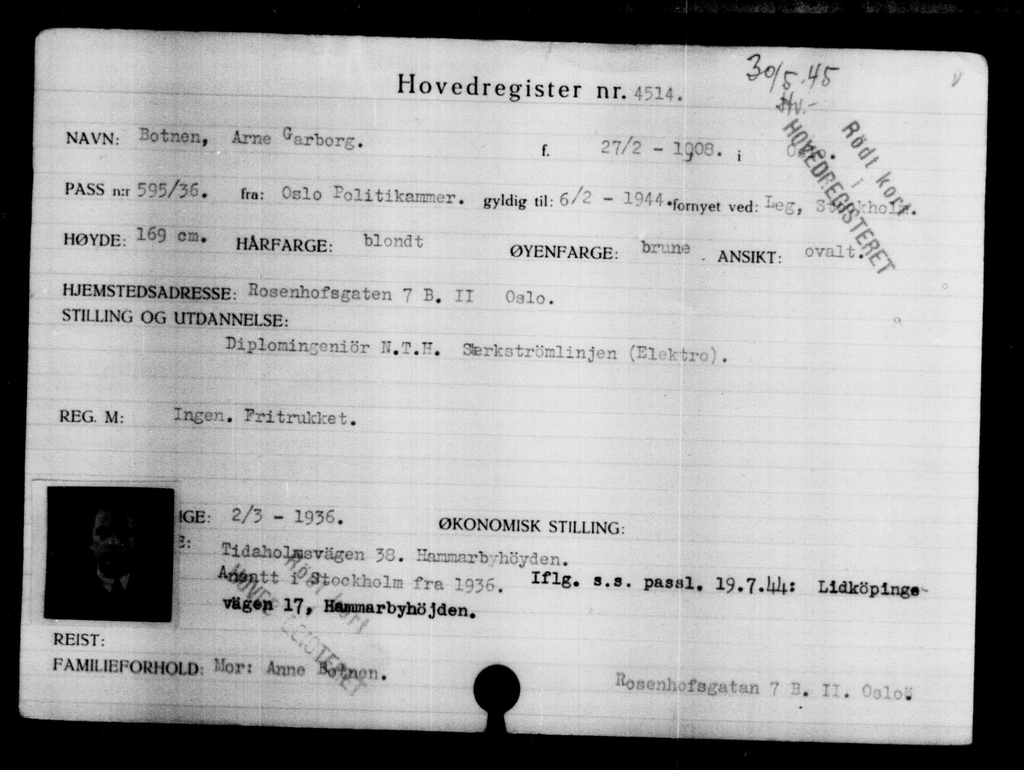 Utenriksstasjonene, Legasjonen i Stockholm, Flyktningkontoret, AV/RA-S-6753/V/Va/L0004: Kjesäterkartoteket, flyktninger med registreringsnr. 3496-6610, 1940-1945, p. 1221