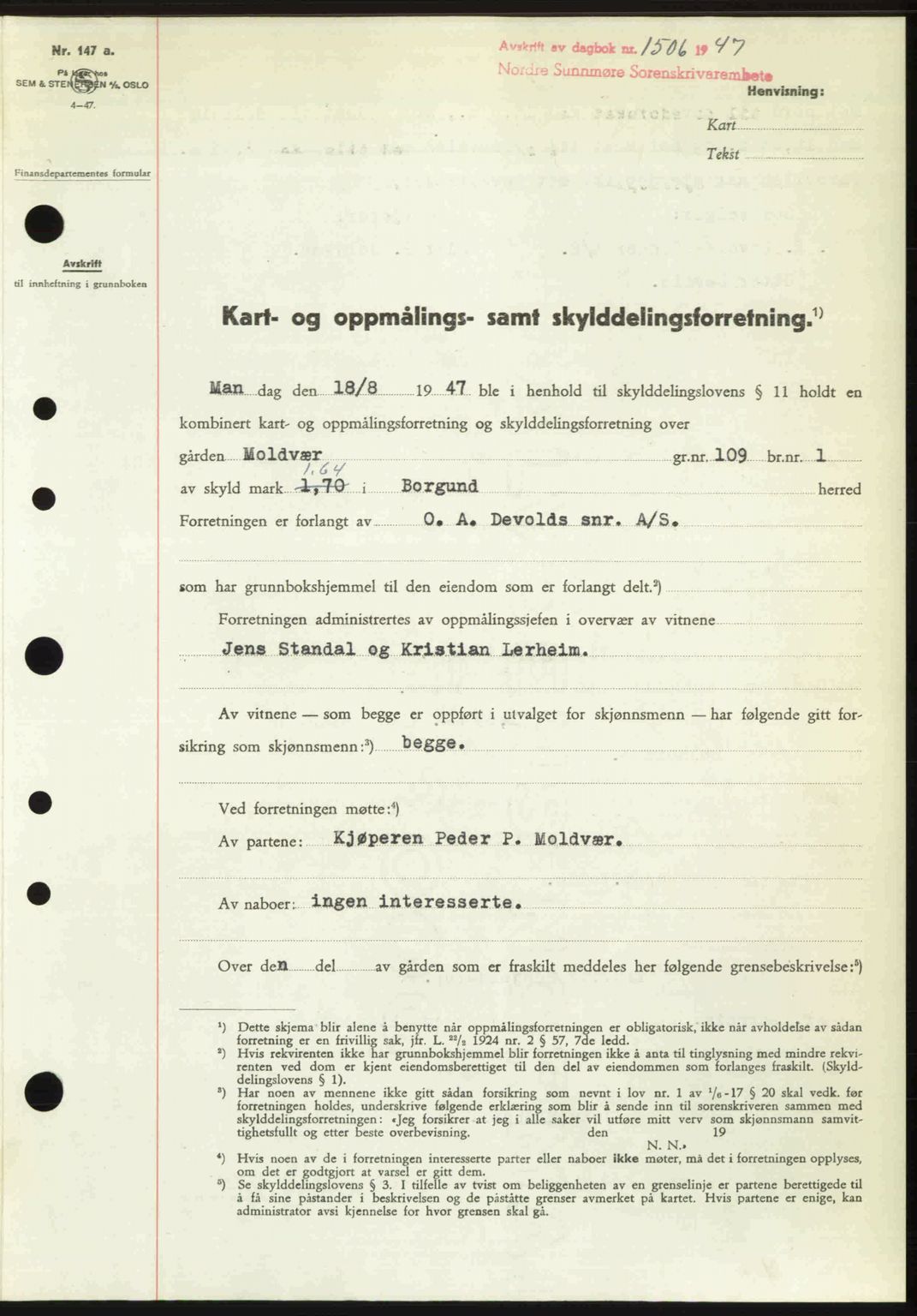 Nordre Sunnmøre sorenskriveri, AV/SAT-A-0006/1/2/2C/2Ca: Mortgage book no. A25, 1947-1947, Diary no: : 1506/1947