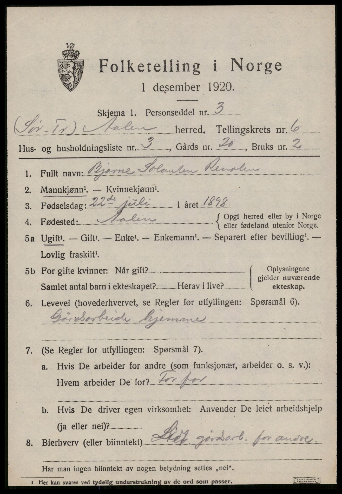 SAT, 1920 census for Ålen, 1920, p. 2938