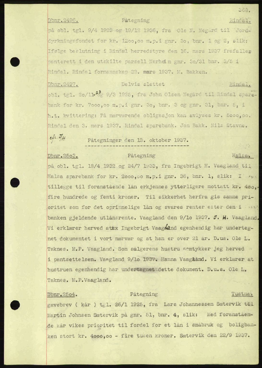 Nordmøre sorenskriveri, AV/SAT-A-4132/1/2/2Ca: Mortgage book no. C80, 1936-1939, Diary no: : 2496/1937