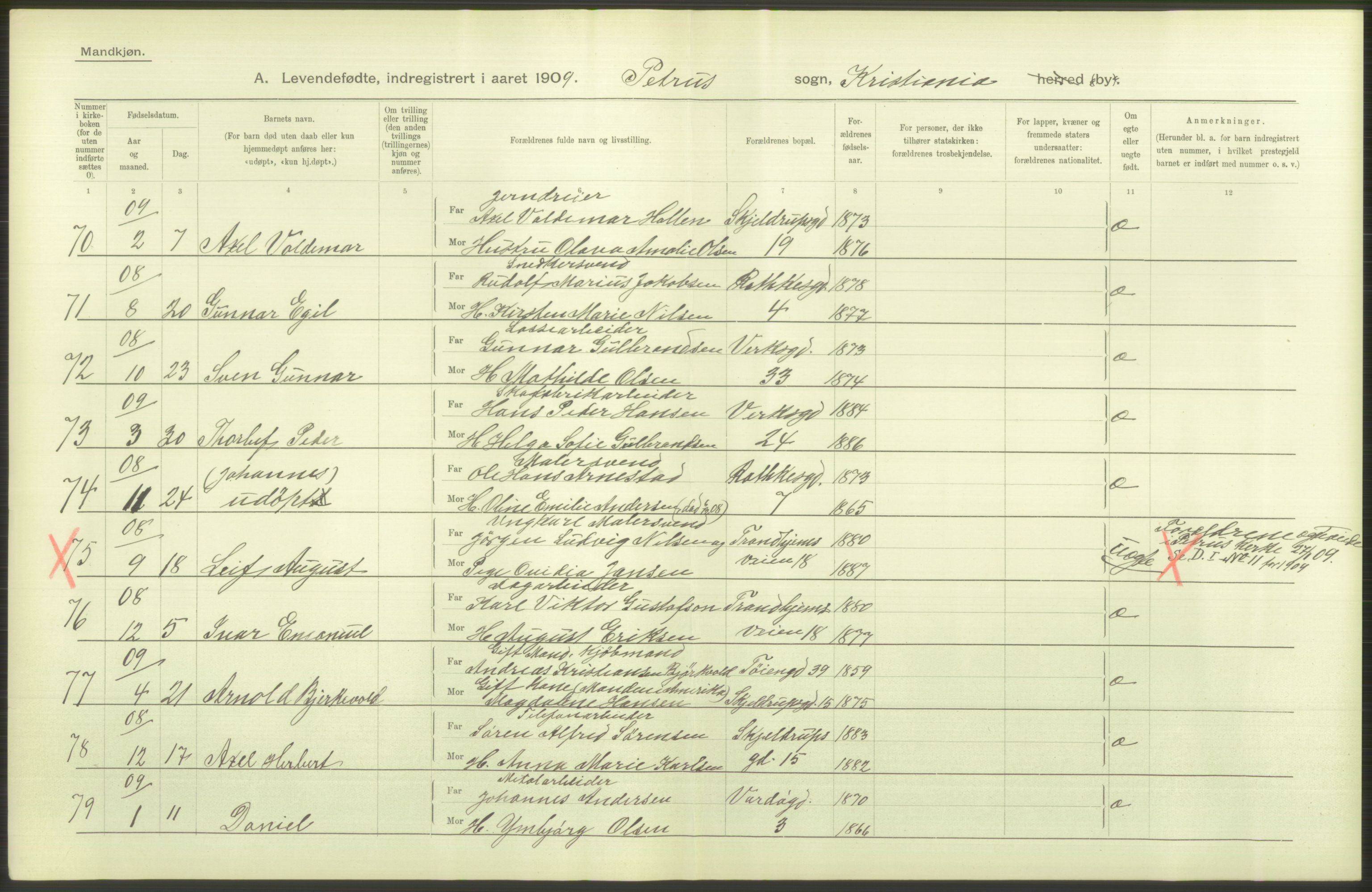 Statistisk sentralbyrå, Sosiodemografiske emner, Befolkning, AV/RA-S-2228/D/Df/Dfa/Dfag/L0007: Kristiania: Levendefødte menn og kvinner., 1909, p. 198