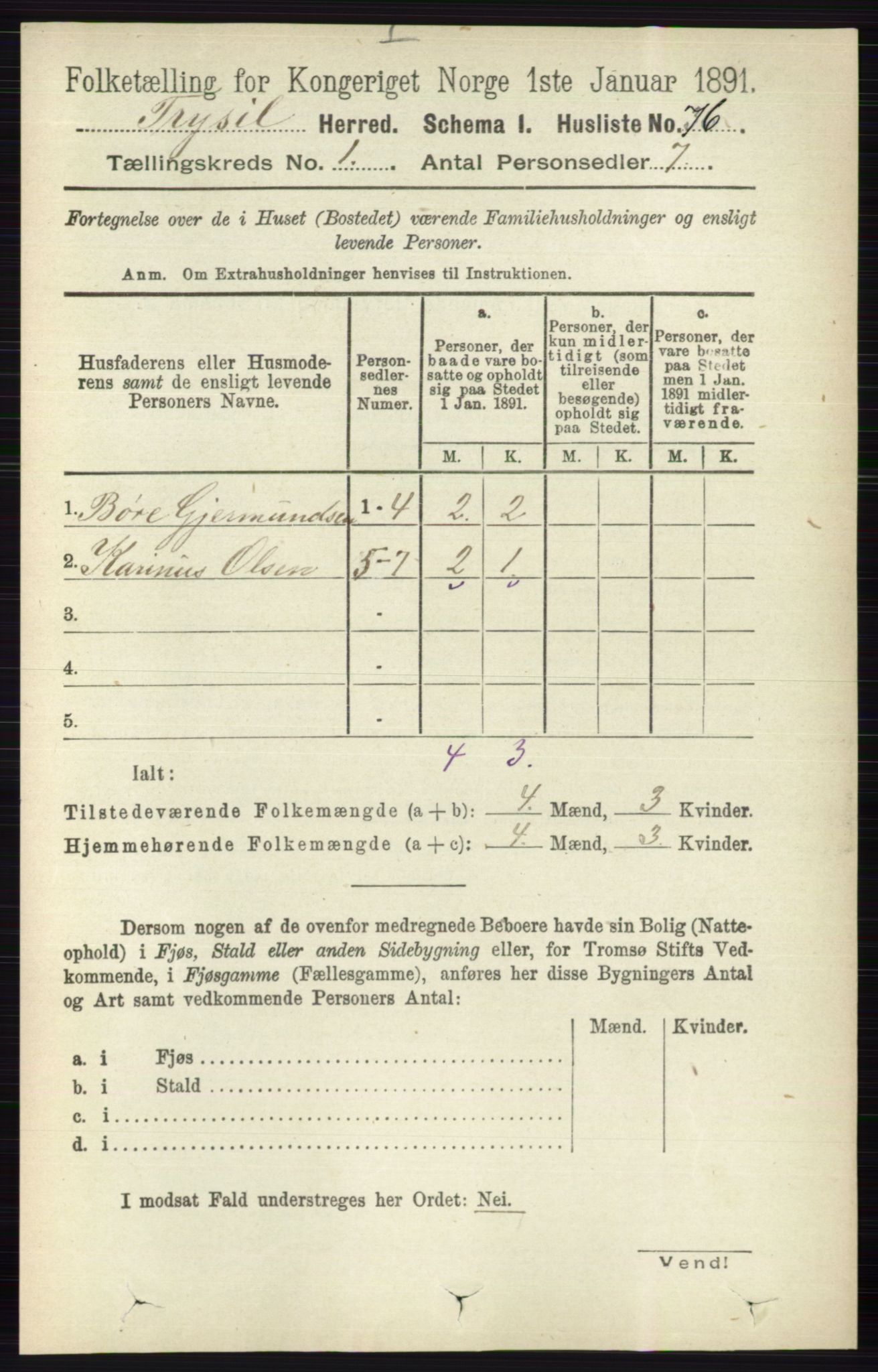 RA, 1891 census for 0428 Trysil, 1891, p. 107