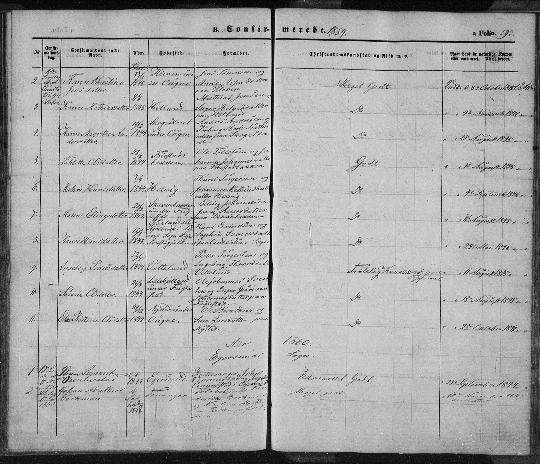 Eigersund sokneprestkontor, SAST/A-101807/S08/L0012: Parish register (official) no. A 12.1, 1850-1865, p. 293
