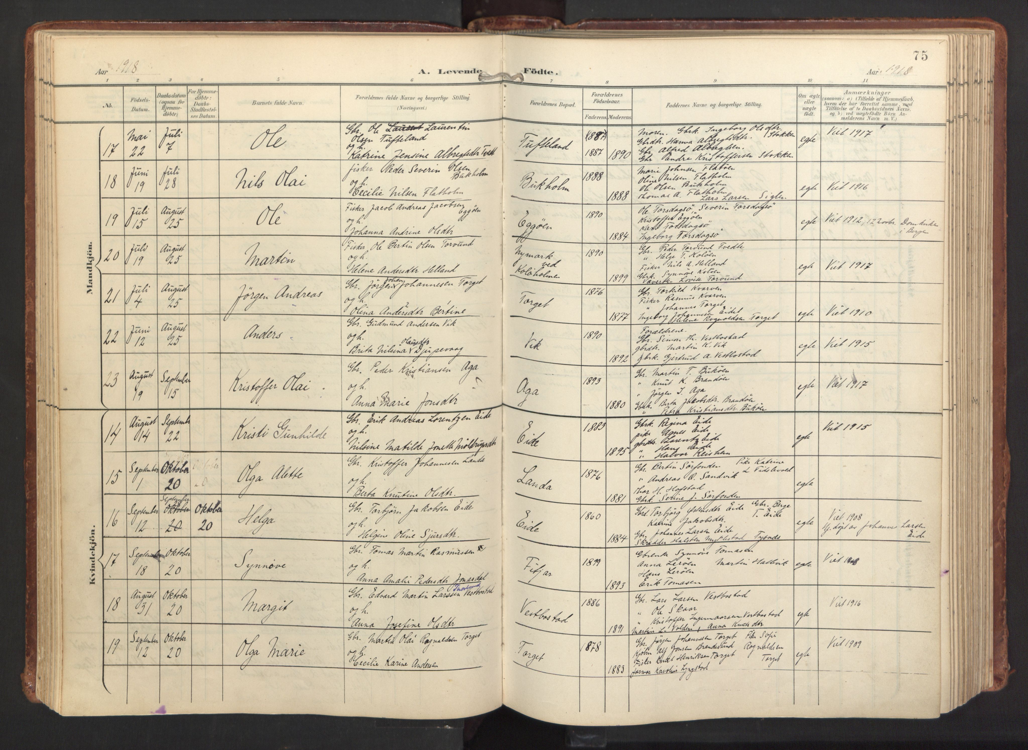 Fitjar sokneprestembete, AV/SAB-A-99926: Parish register (official) no. A 3, 1900-1918, p. 75