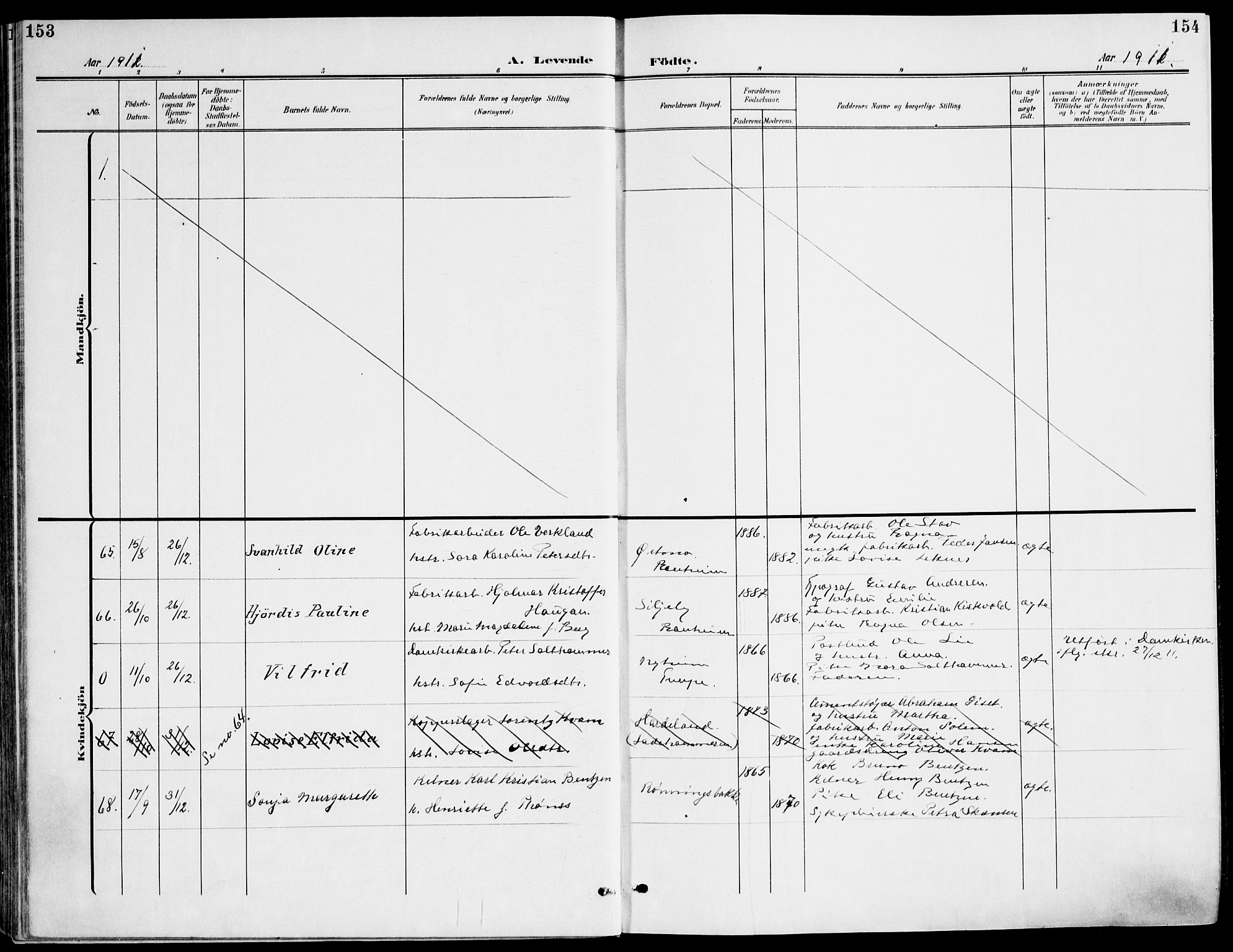 Ministerialprotokoller, klokkerbøker og fødselsregistre - Sør-Trøndelag, SAT/A-1456/607/L0320: Parish register (official) no. 607A04, 1907-1915, p. 153-154
