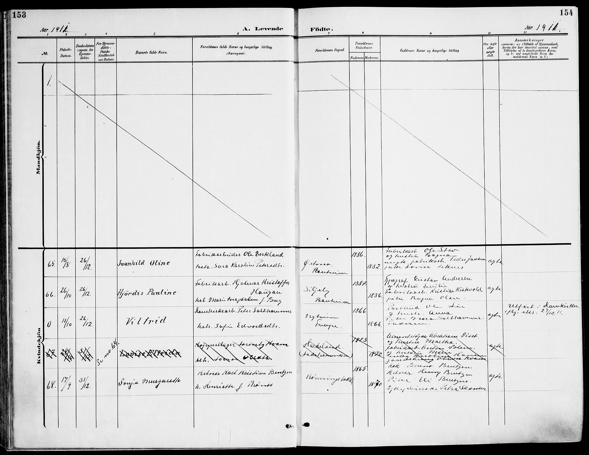 Ministerialprotokoller, klokkerbøker og fødselsregistre - Sør-Trøndelag, AV/SAT-A-1456/607/L0320: Parish register (official) no. 607A04, 1907-1915, p. 153-154