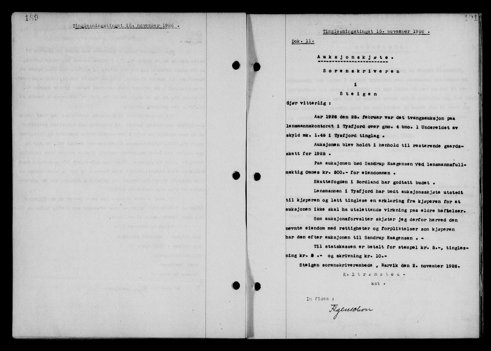 Steigen og Ofoten sorenskriveri, SAT/A-0030/1/2/2C/L0014: Mortgage book no. 13 og 15, 1926-1927, Deed date: 15.11.1926
