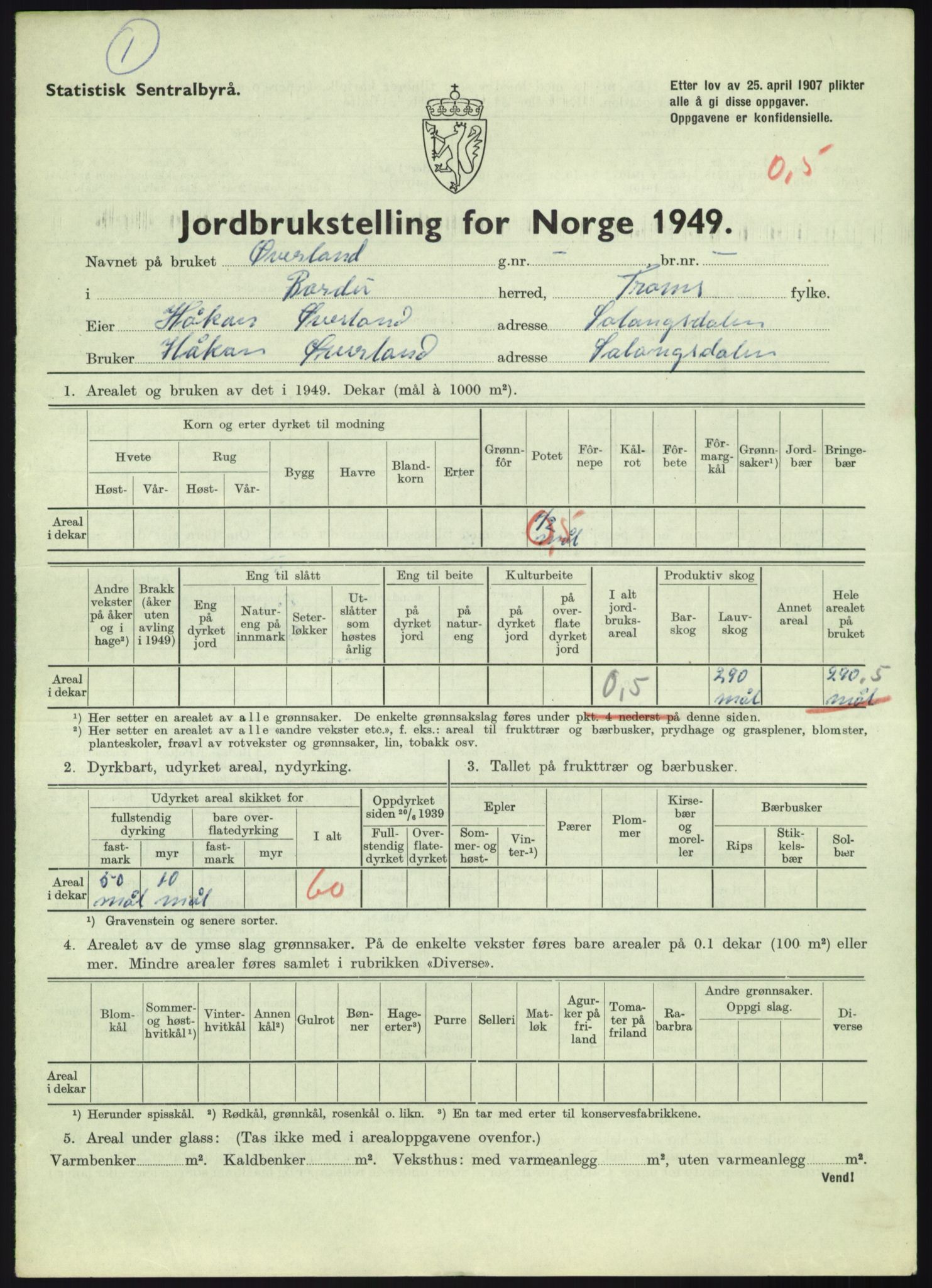 Statistisk sentralbyrå, Næringsøkonomiske emner, Jordbruk, skogbruk, jakt, fiske og fangst, AV/RA-S-2234/G/Gc/L0438: Troms: Salangen og Bardu, 1949, p. 932
