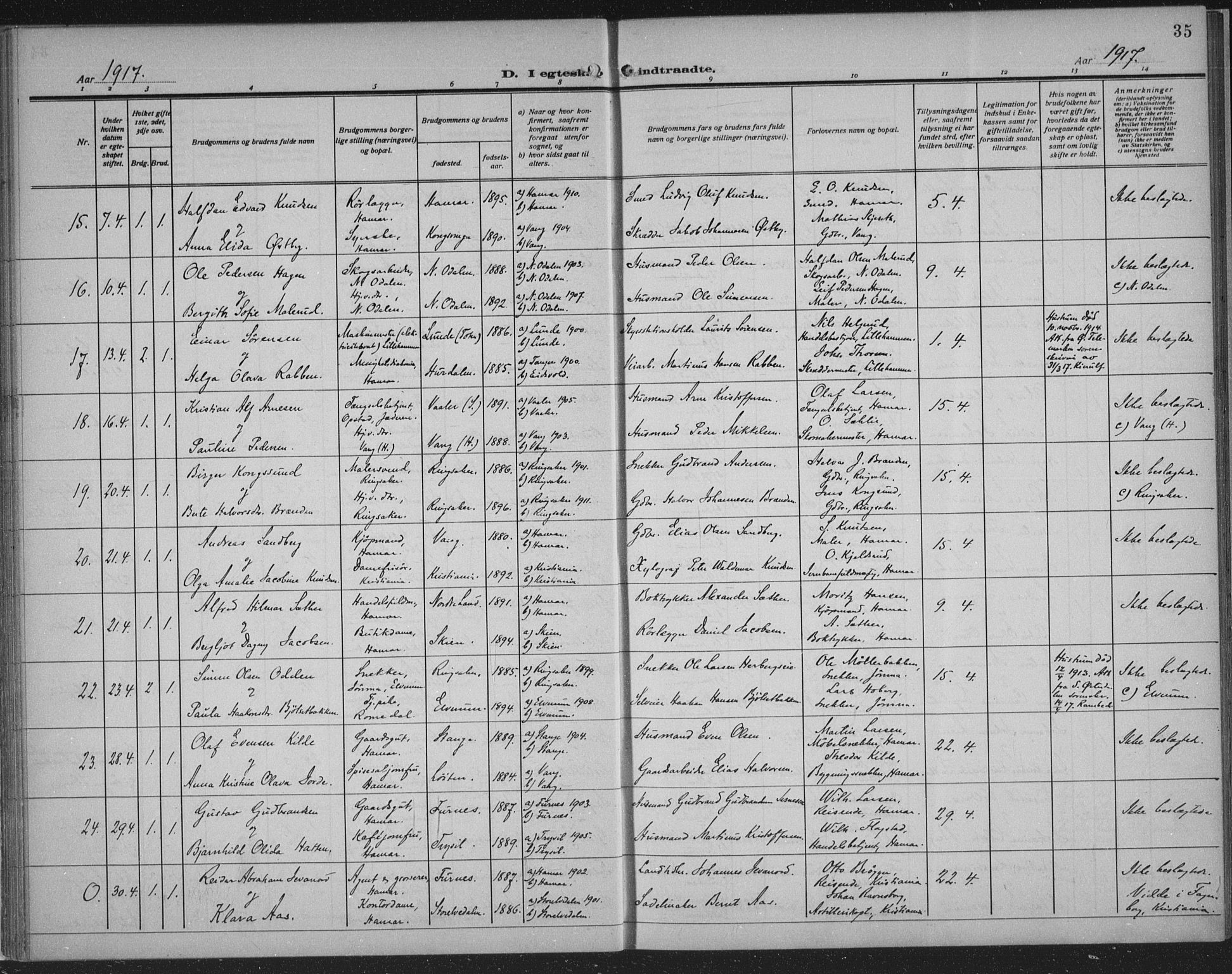 Hamar prestekontor, AV/SAH-DOMPH-002/H/Ha/Haa/L0003: Parish register (official) no. 3, 1913-1930, p. 35