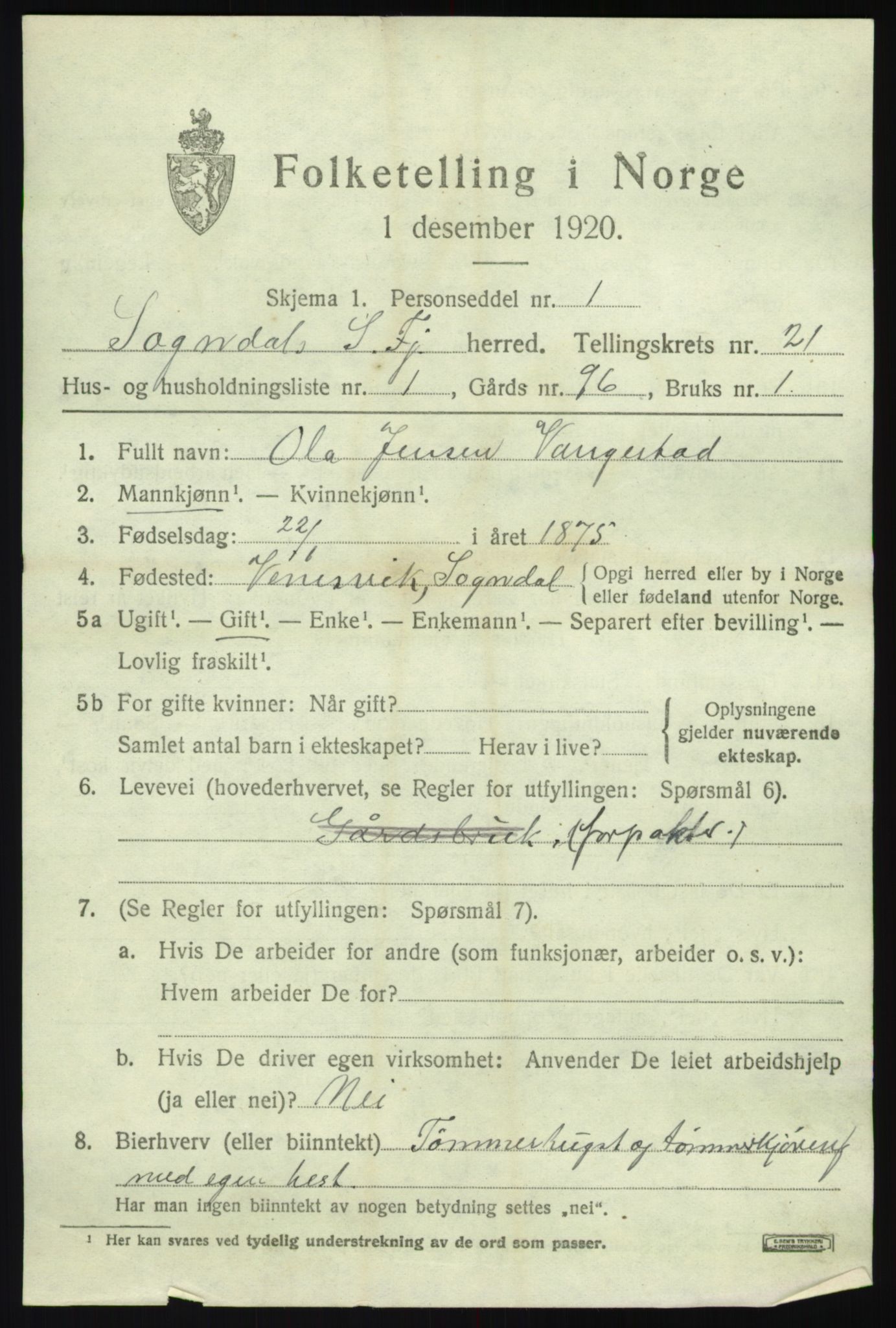 SAB, 1920 census for Sogndal, 1920, p. 7701
