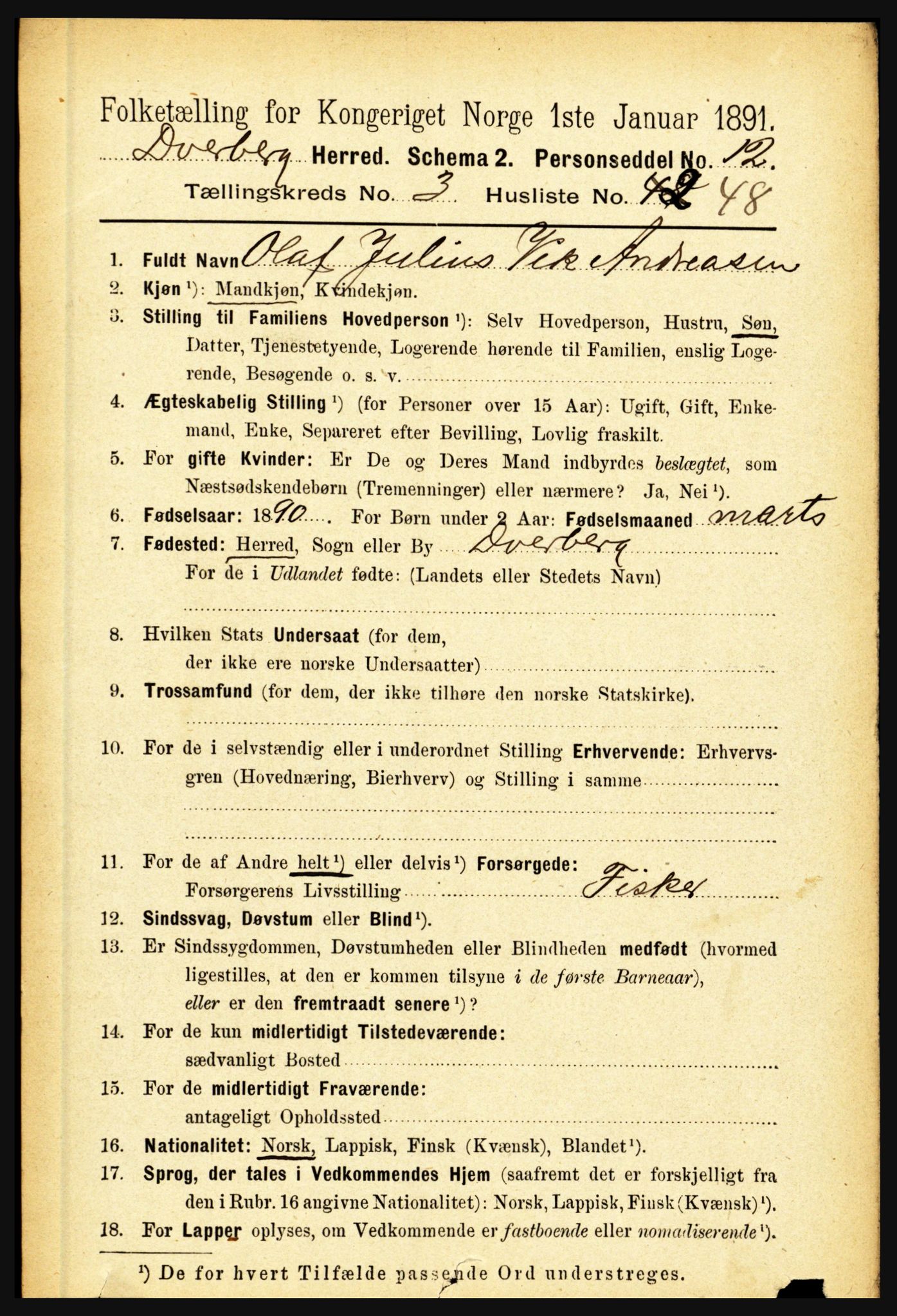 RA, 1891 census for 1872 Dverberg, 1891, p. 1232