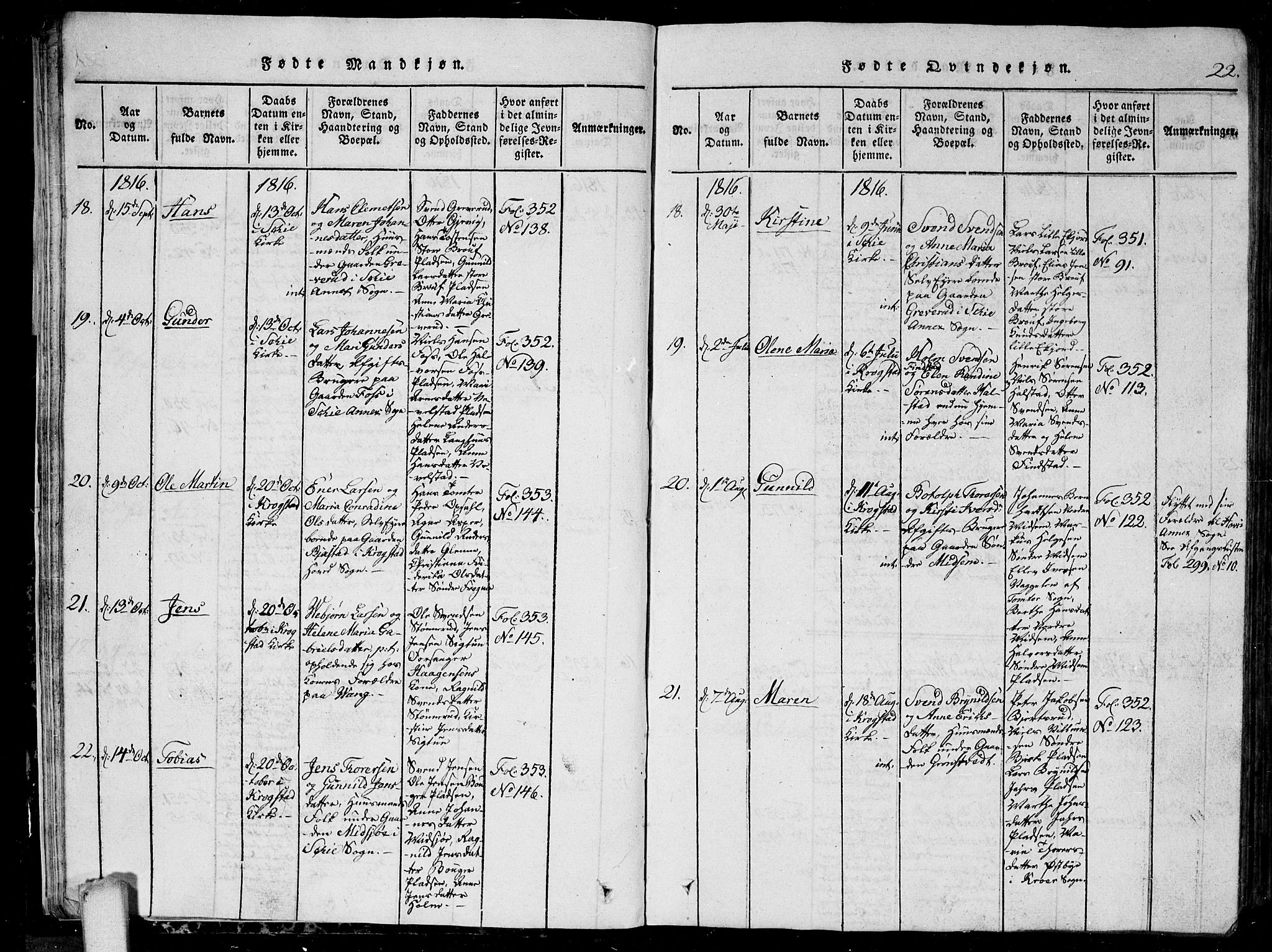 Kråkstad prestekontor Kirkebøker, AV/SAO-A-10125a/G/Ga/L0001: Parish register (copy) no. I 1, 1813-1824, p. 22