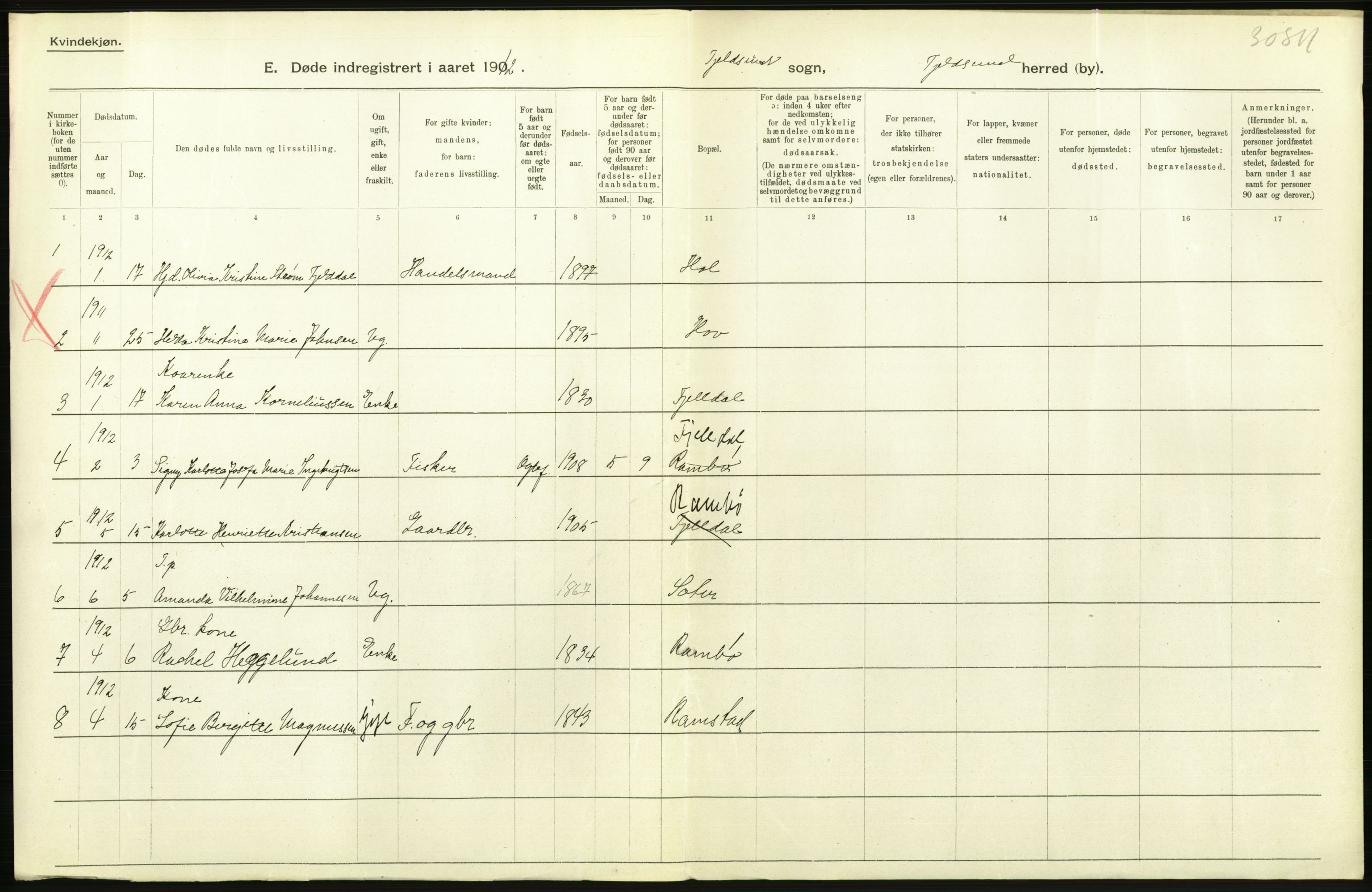 Statistisk sentralbyrå, Sosiodemografiske emner, Befolkning, RA/S-2228/D/Df/Dfb/Dfbb/L0048: Nordlands amt: Døde, dødfødte. Bygder og byer., 1912, p. 36