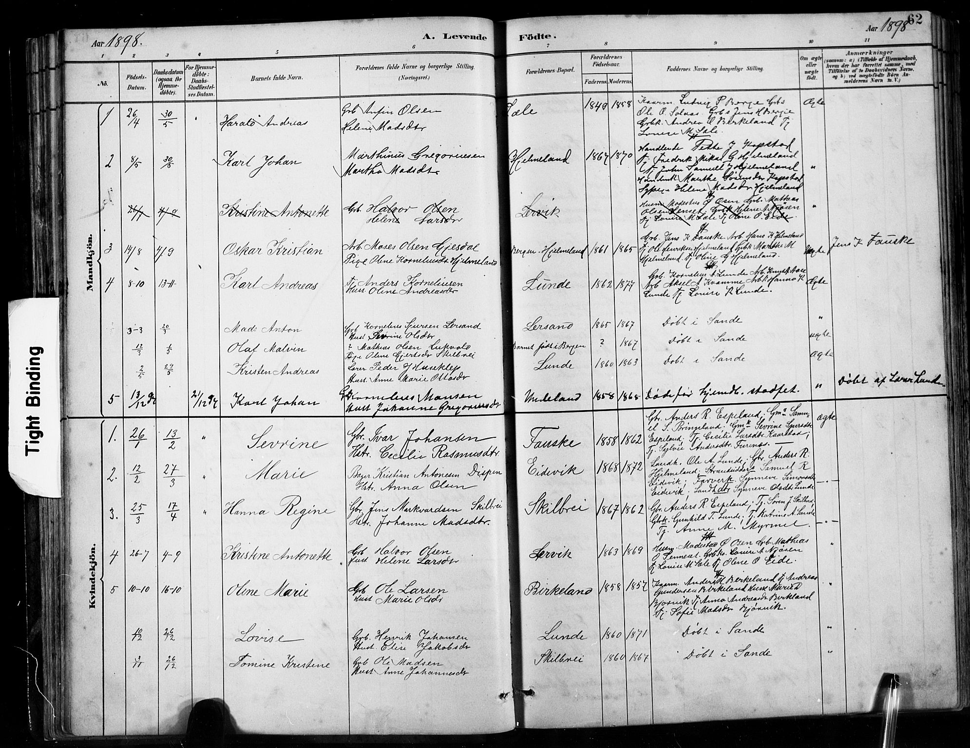 Gaular sokneprestembete, AV/SAB-A-80001/H/Hab: Parish register (copy) no. B 3, 1882-1913, p. 62