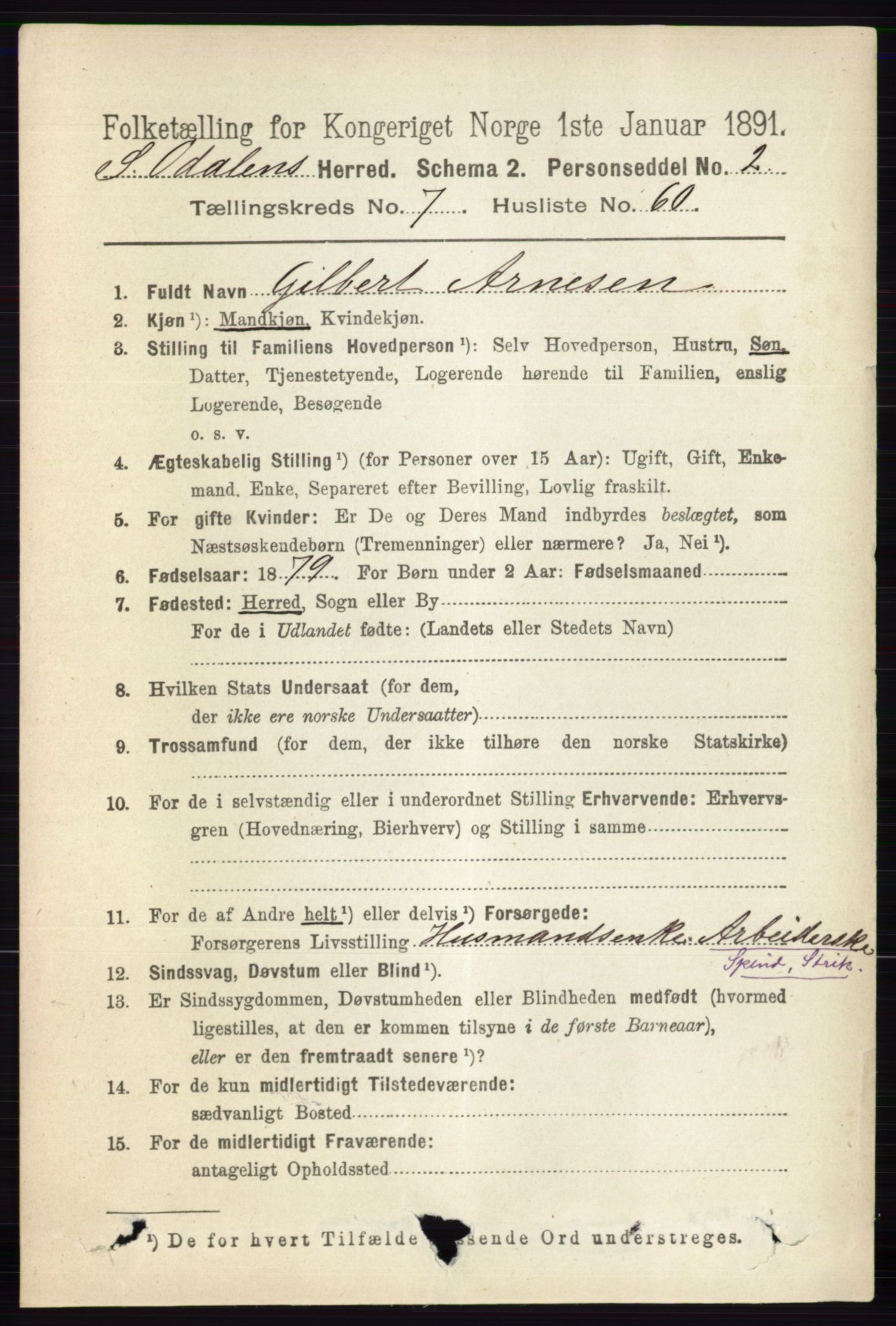 RA, 1891 census for 0419 Sør-Odal, 1891, p. 3958