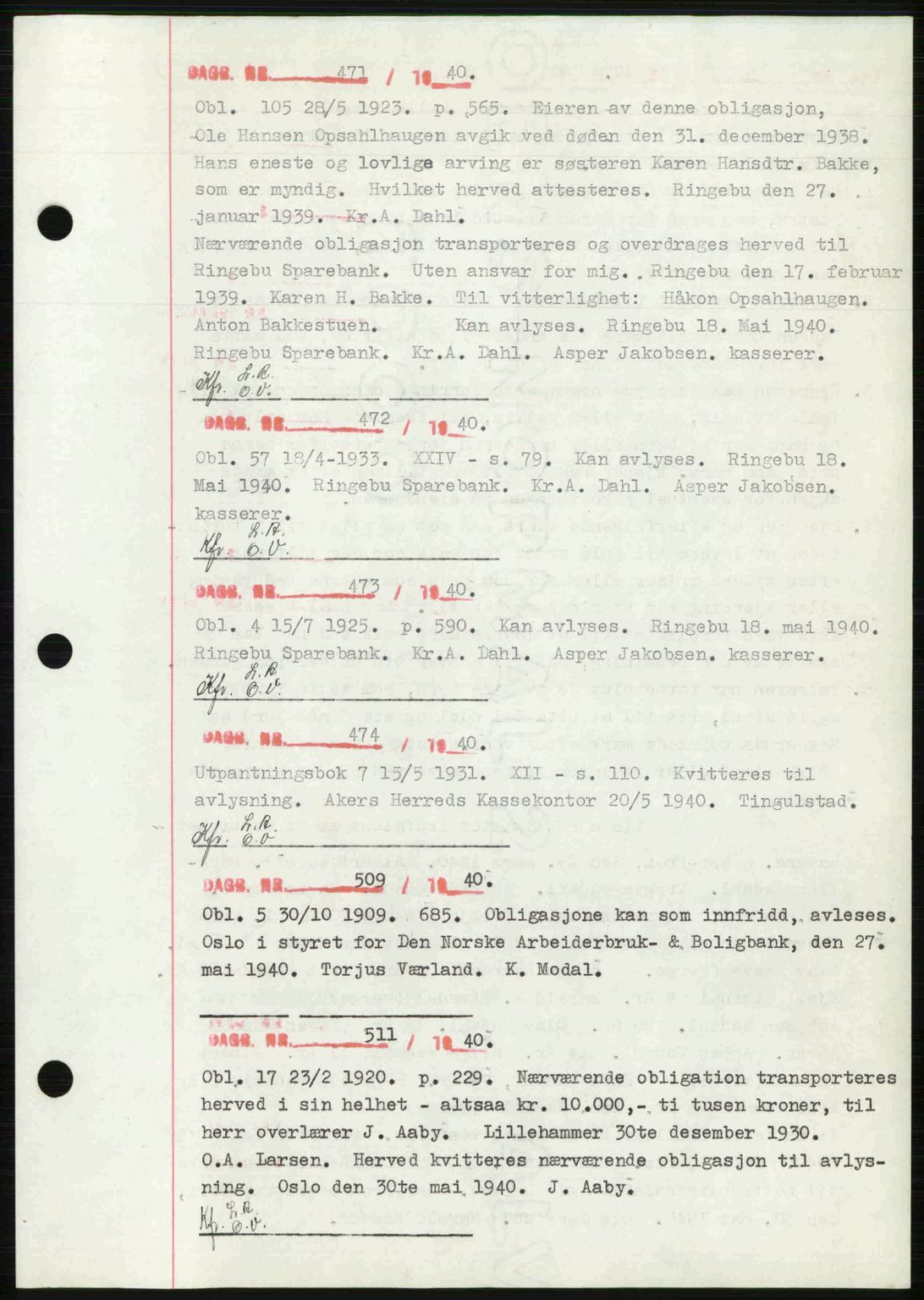 Sør-Gudbrandsdal tingrett, SAH/TING-004/H/Hb/Hbf/L0002: Mortgage book no. C1, 1938-1951, Diary no: : 471/1940