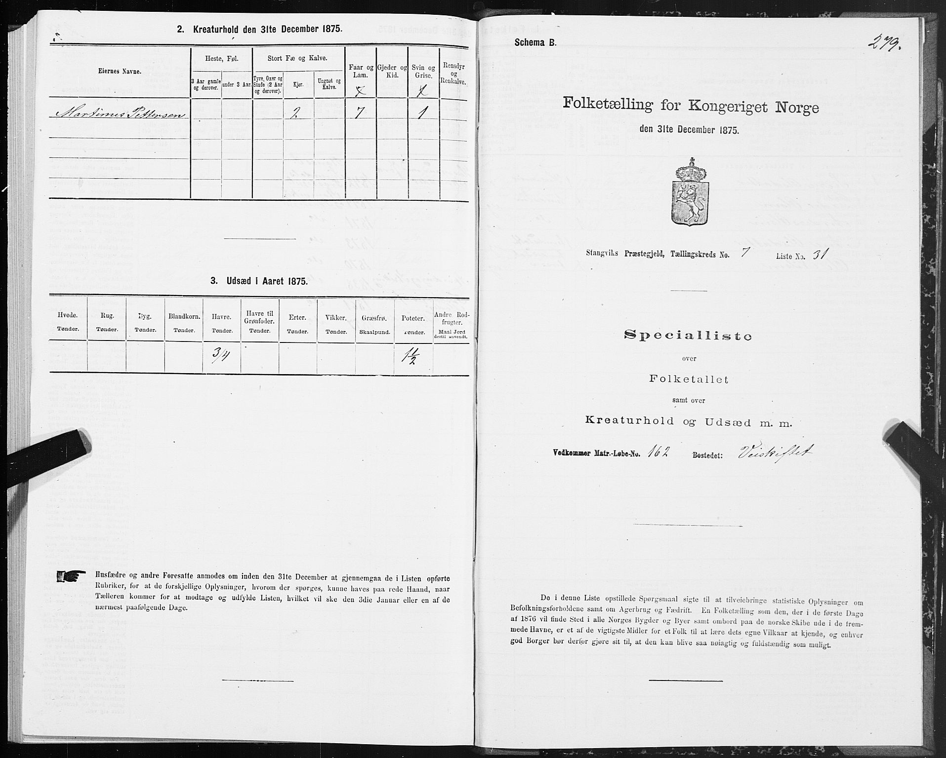 SAT, 1875 census for 1564P Stangvik, 1875, p. 3279