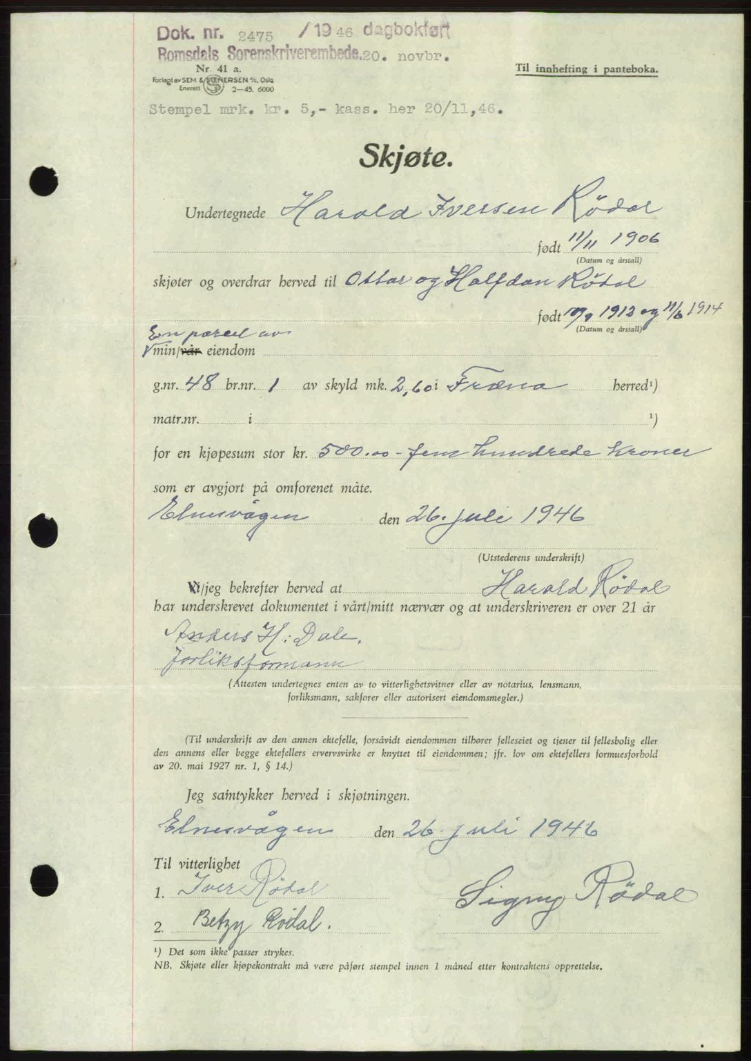 Romsdal sorenskriveri, AV/SAT-A-4149/1/2/2C: Mortgage book no. A21, 1946-1946, Diary no: : 2475/1946