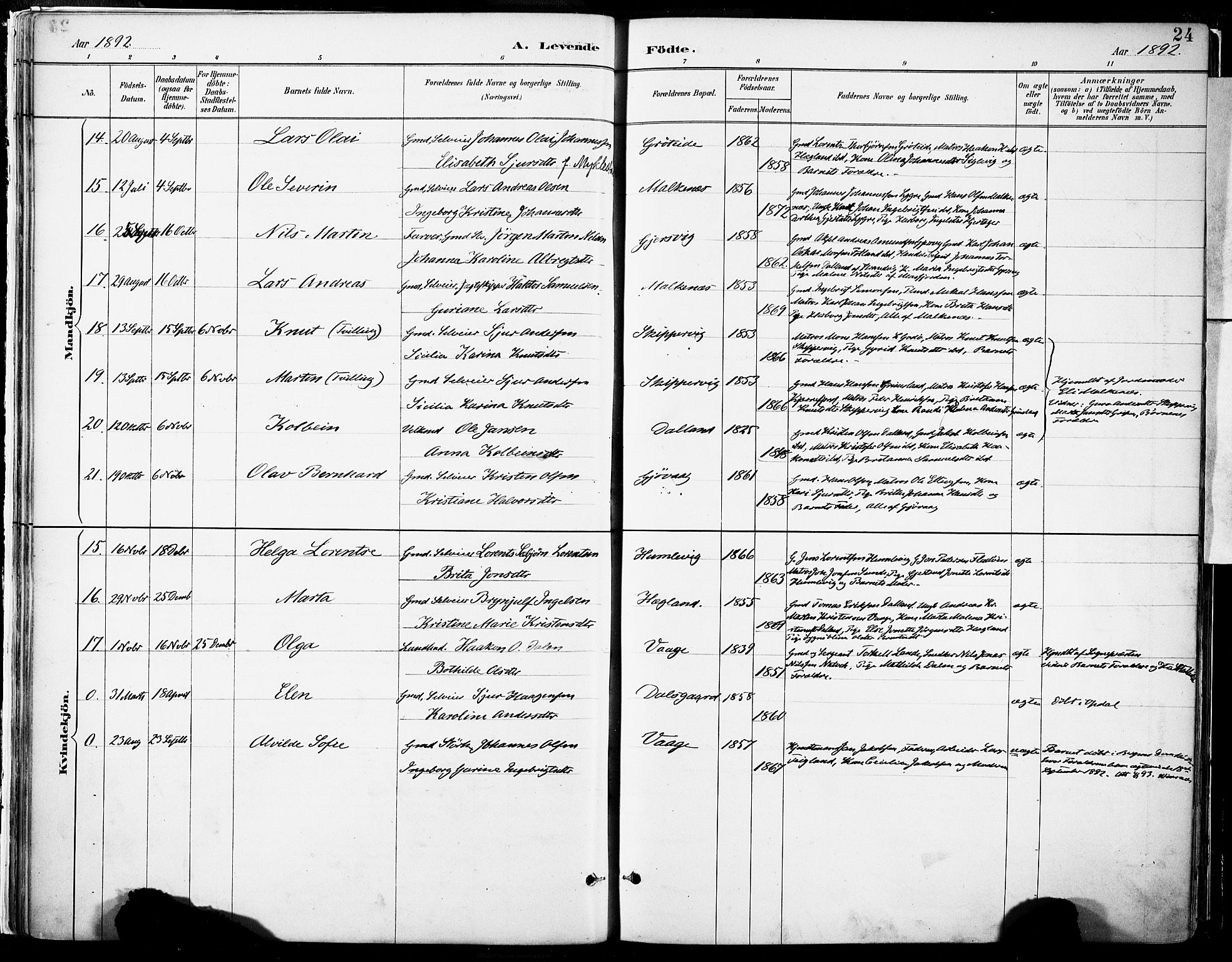 Tysnes sokneprestembete, AV/SAB-A-78601/H/Haa: Parish register (official) no. B 1, 1887-1906, p. 24