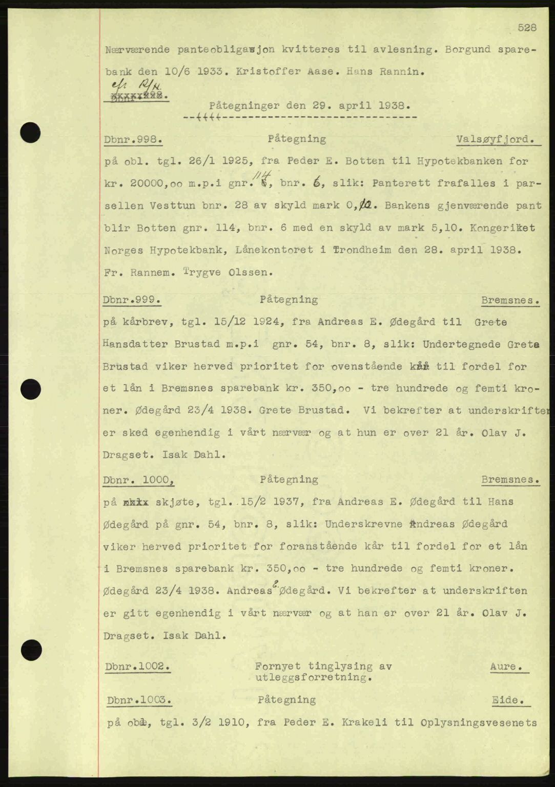 Nordmøre sorenskriveri, AV/SAT-A-4132/1/2/2Ca: Mortgage book no. C80, 1936-1939, Diary no: : 998/1938