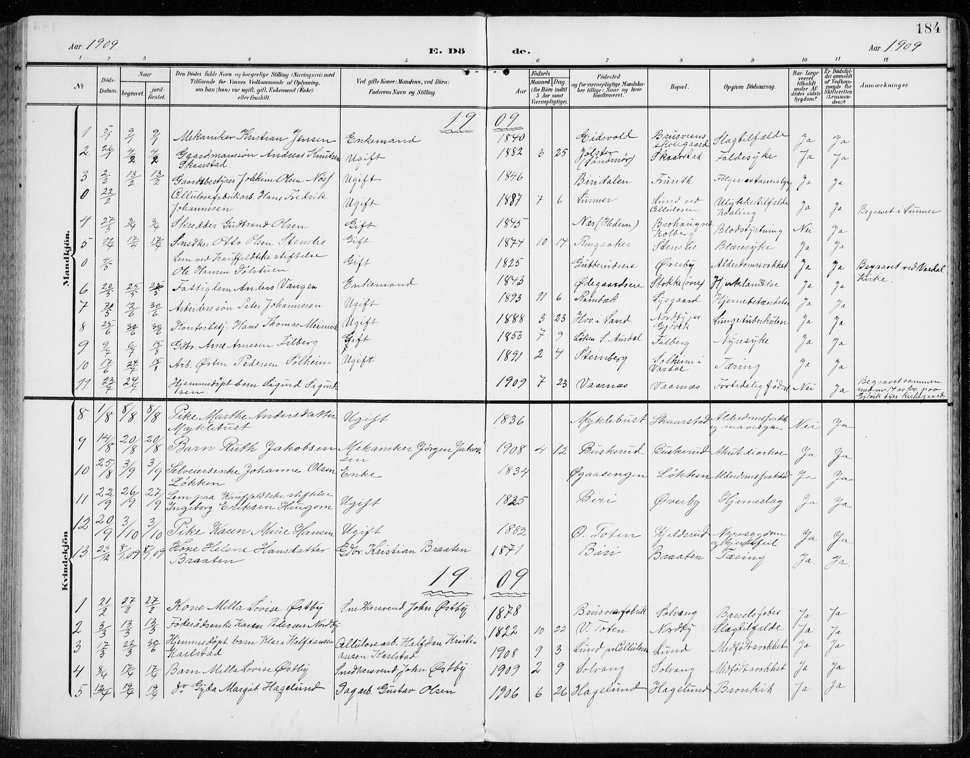 Vardal prestekontor, SAH/PREST-100/H/Ha/Haa/L0016: Parish register (official) no. 16, 1904-1916, p. 184
