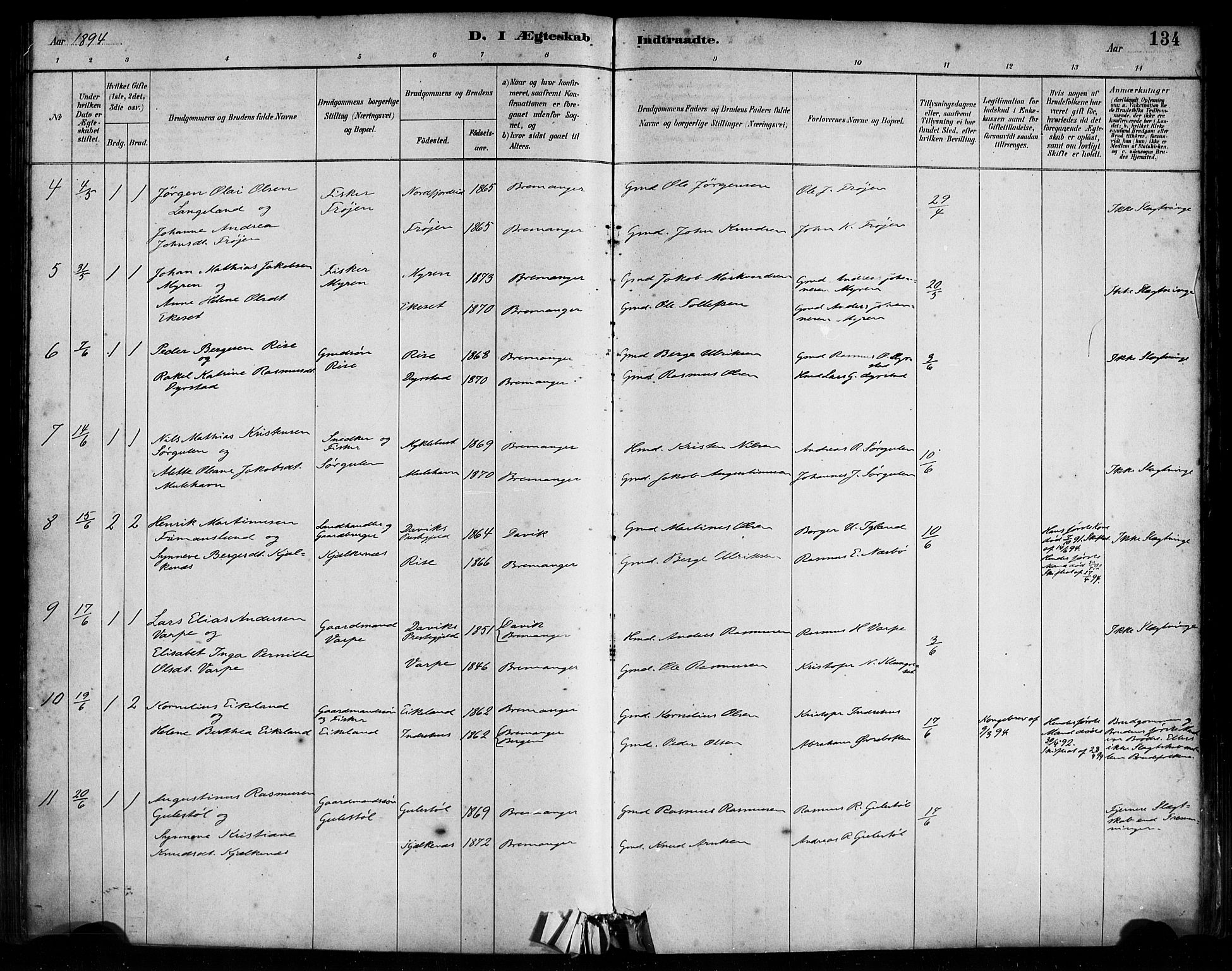 Bremanger sokneprestembete, AV/SAB-A-82201/H/Haa/Haab/L0001: Parish register (official) no. B 1, 1884-1895, p. 134