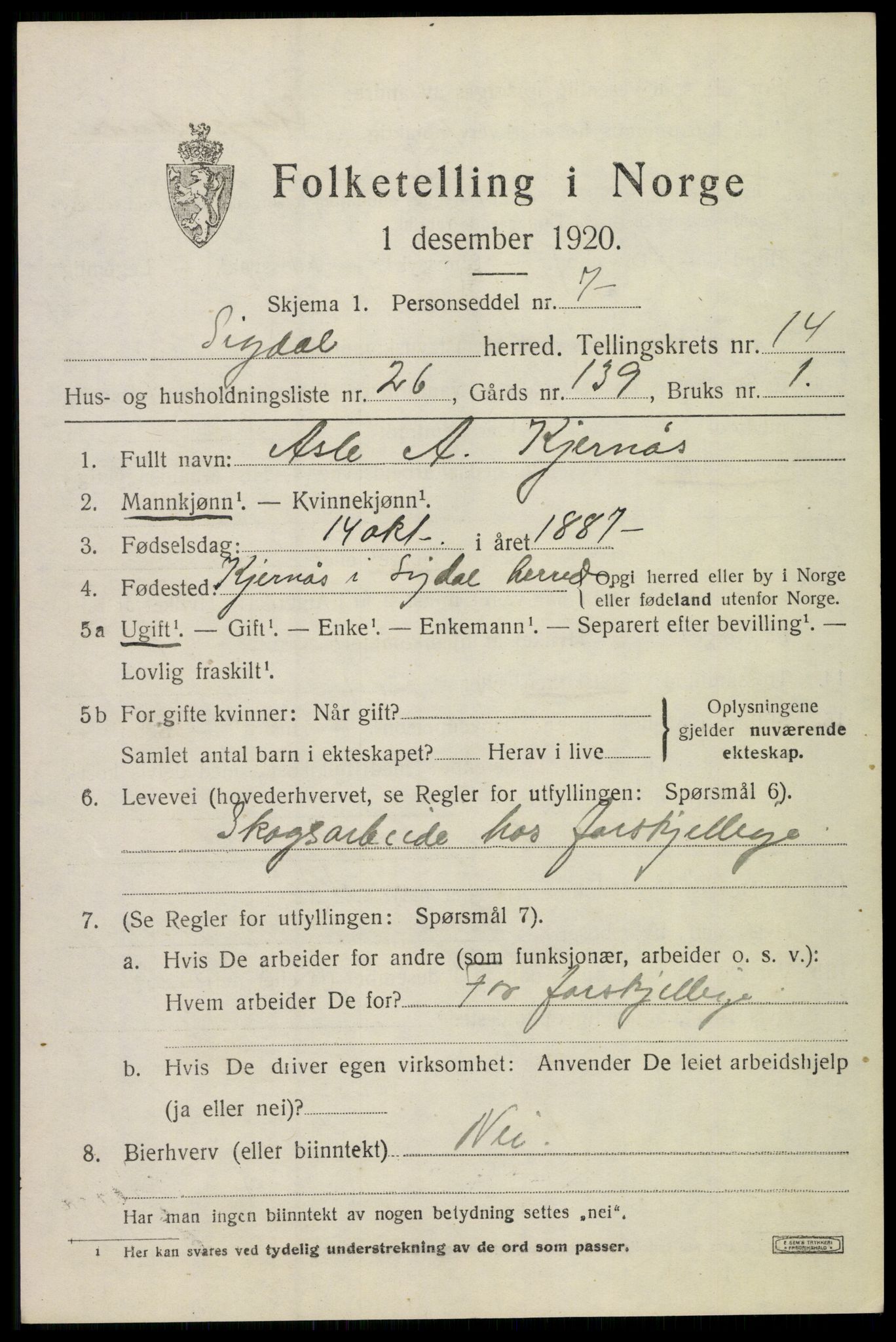 SAKO, 1920 census for Sigdal, 1920, p. 8898