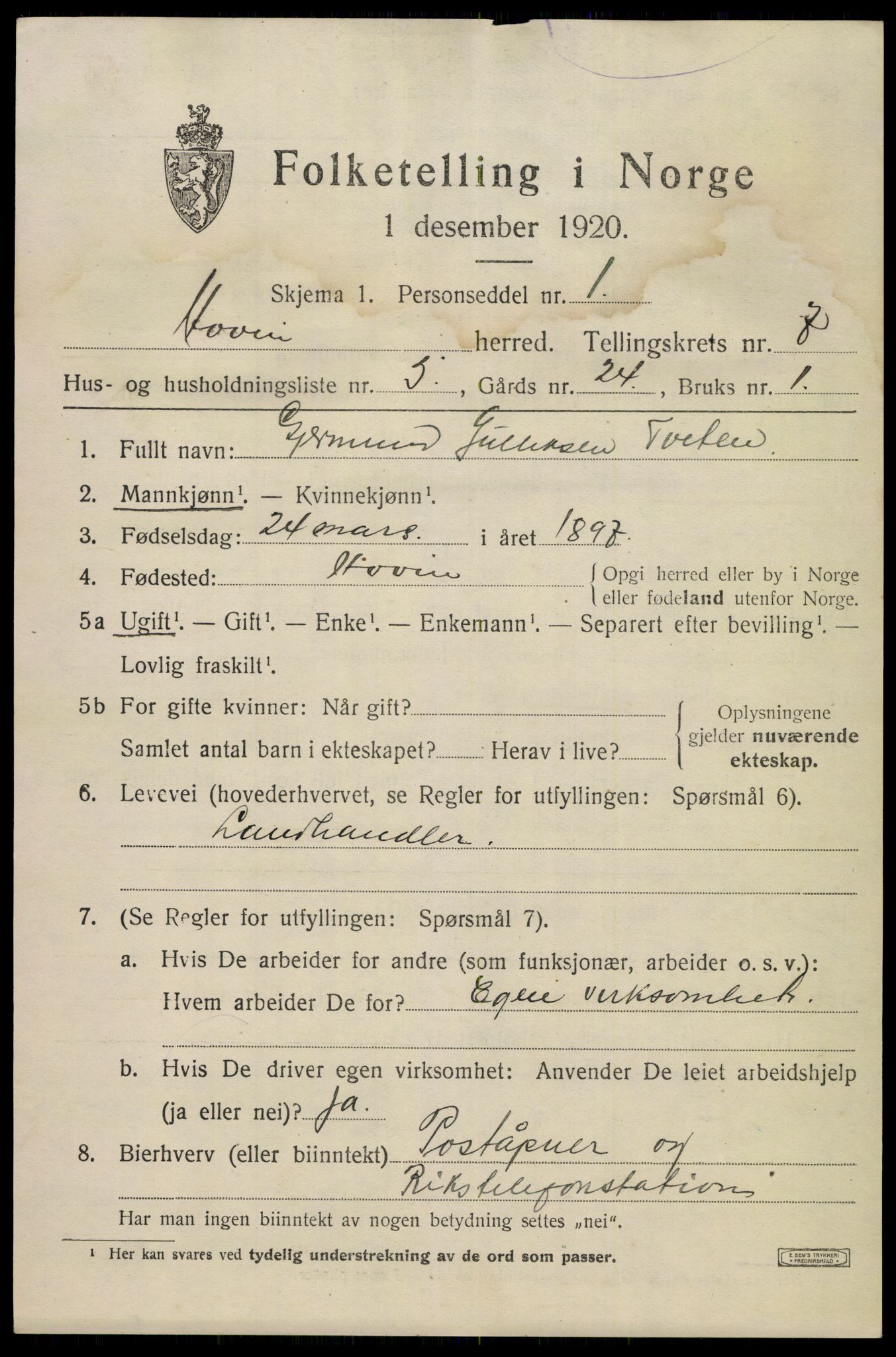 SAKO, 1920 census for Hovin, 1920, p. 1743